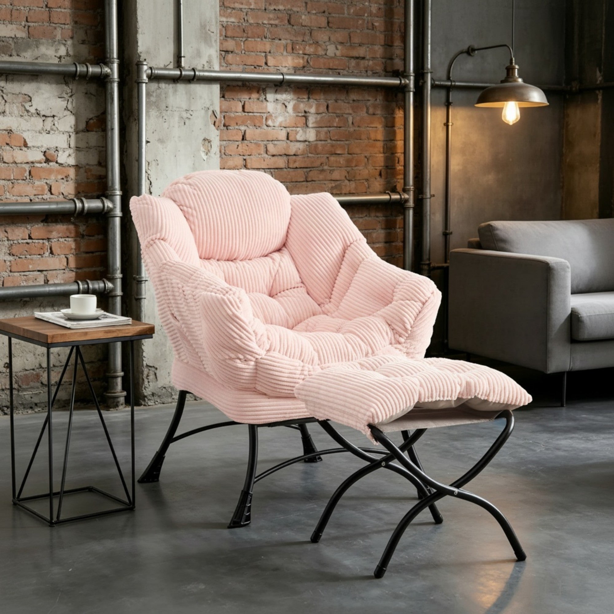 Sailvan Lazy Chair with Ottoman,Modern Lounge Accent Chair with Side Pocket and Footrest,Soft Reading Chair for Small Space Pink