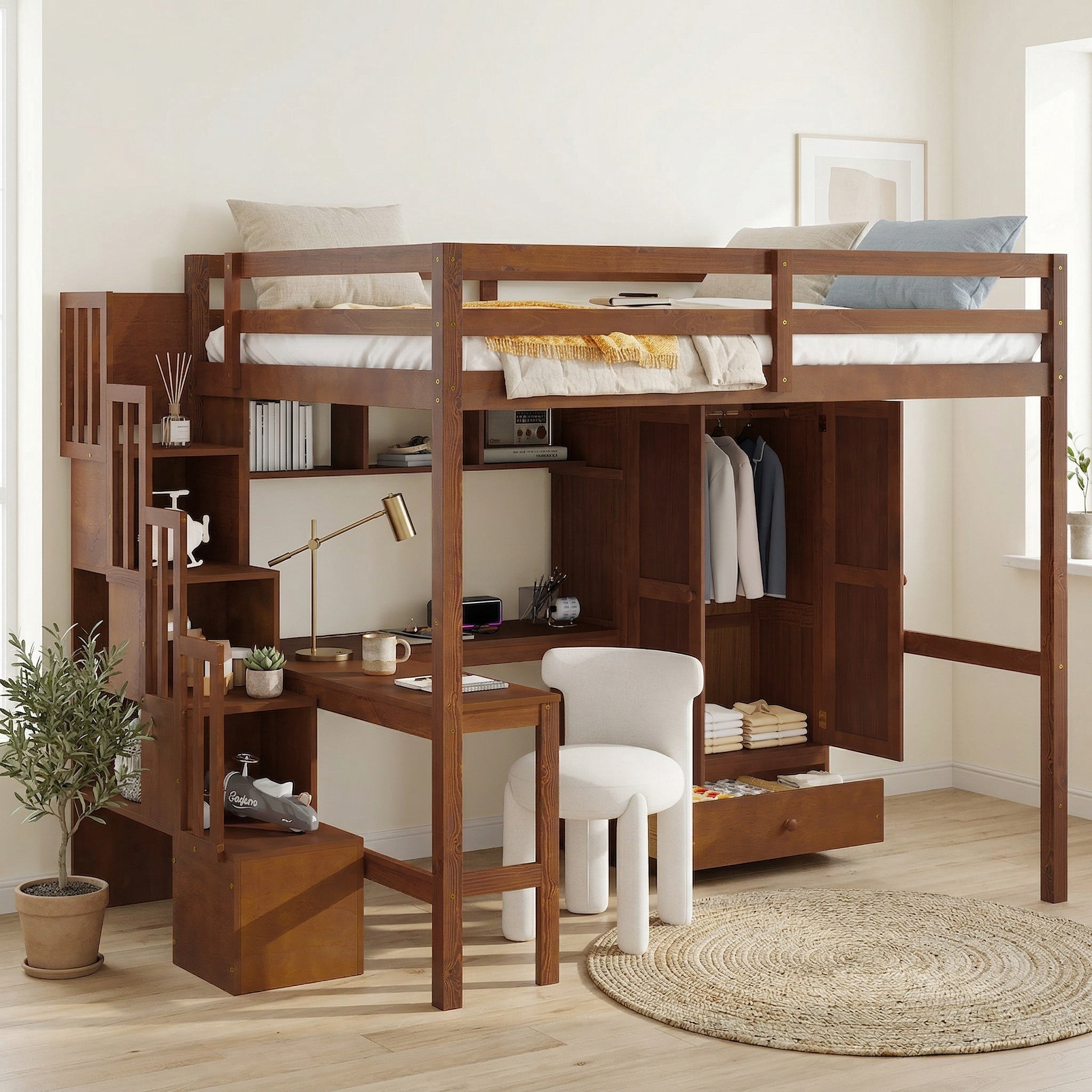 Sailvan Loft Wood Bed with Desk, Bookshelves and Wardrobe with Doors and Drawer