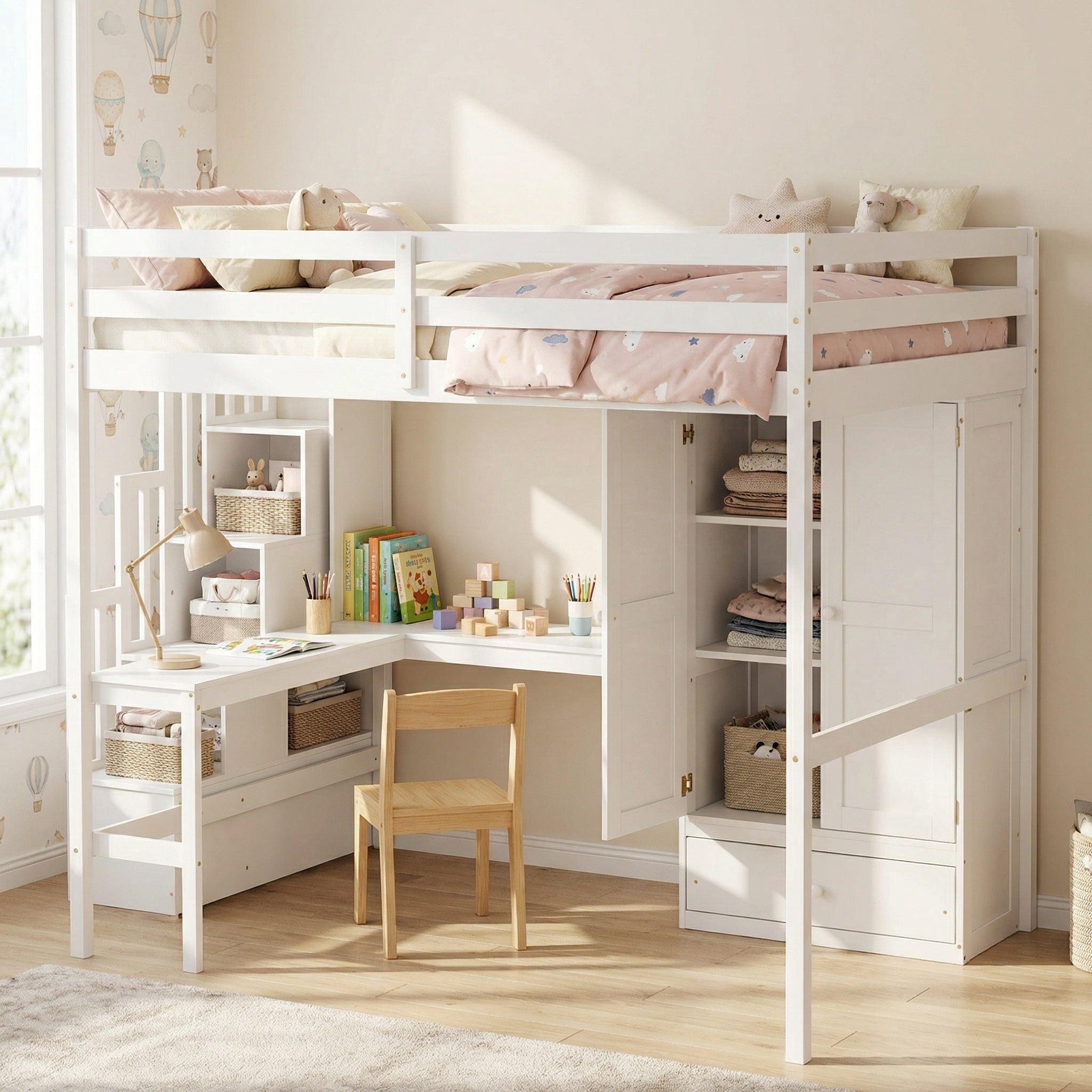 Sailvan Loft Wood Bed with Desk, Bookshelves and Wardrobe with Doors and Drawer