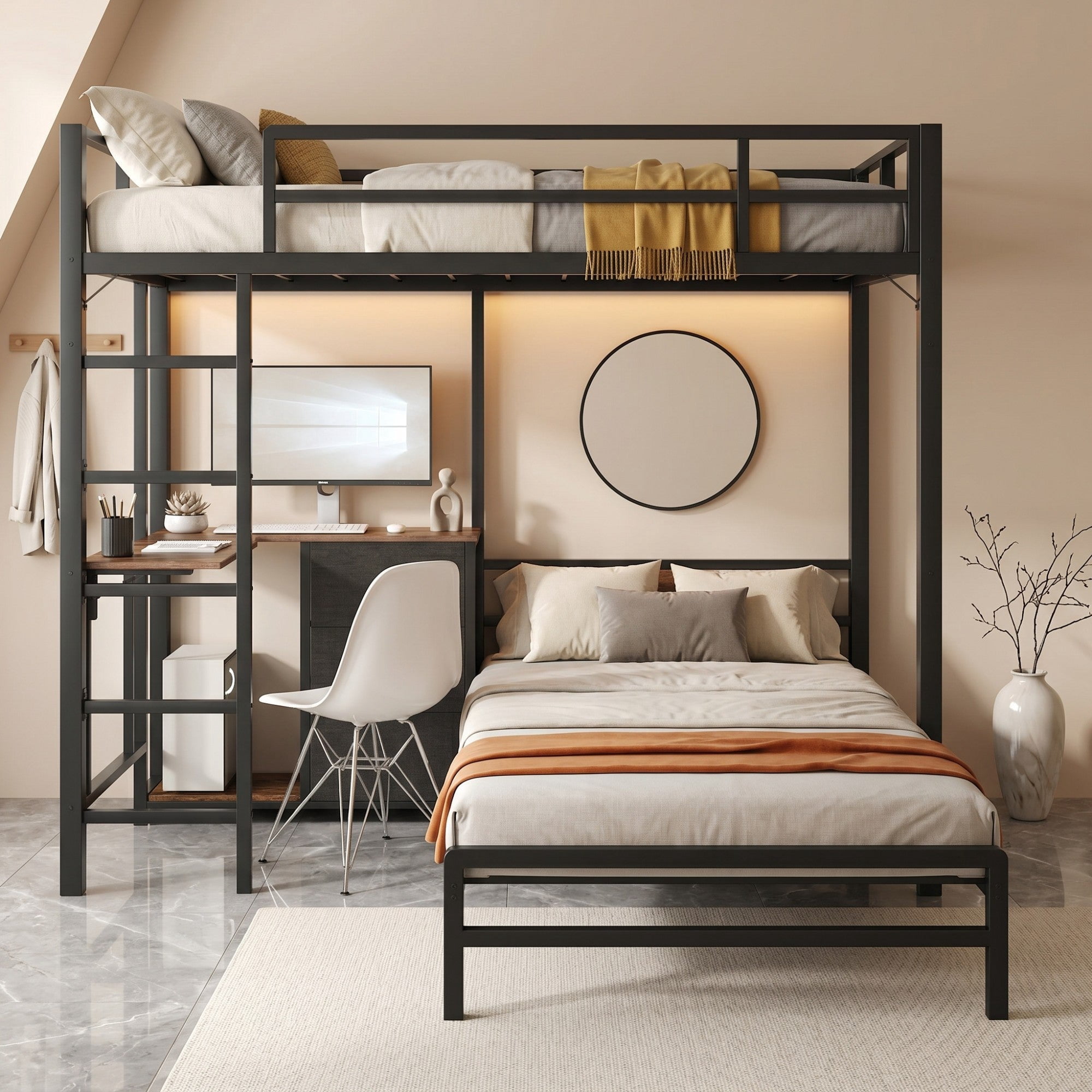 Sailvan Metal Bunk Bed with Folding Table, LED Lights and Charging Station