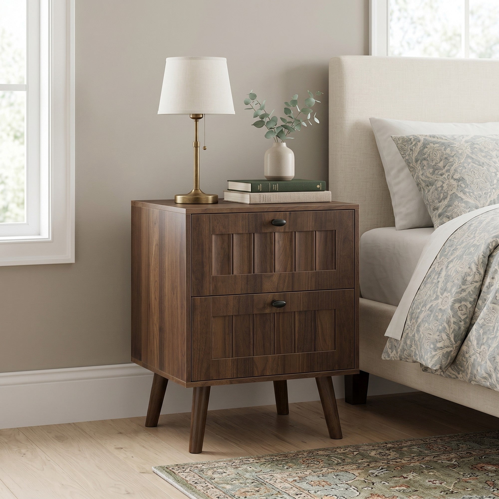 Sailvan Mid-Century Modern Double-Drawer Bedside Table 2-Pack, Walnut with Solid Wood Legs