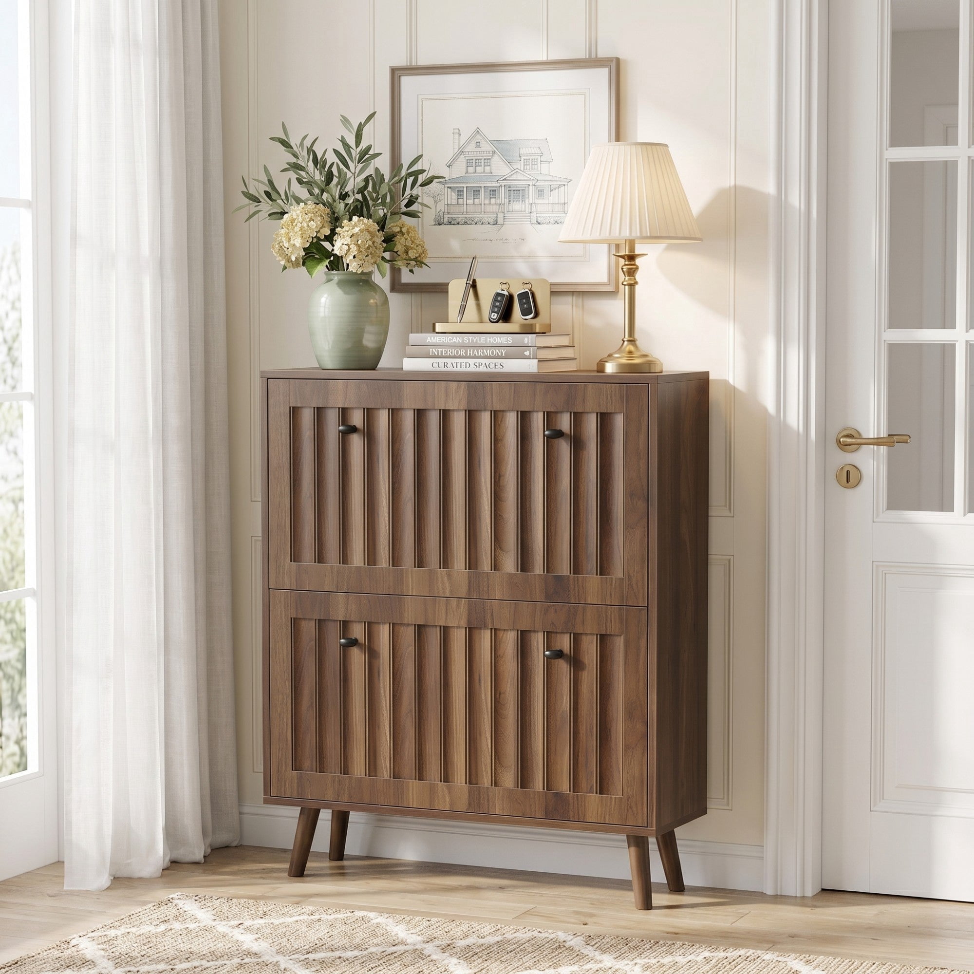 Sailvan Mid-Century Modern Shoe Cabinet, 23.6-Inch Vertical Grooved Upright Storage