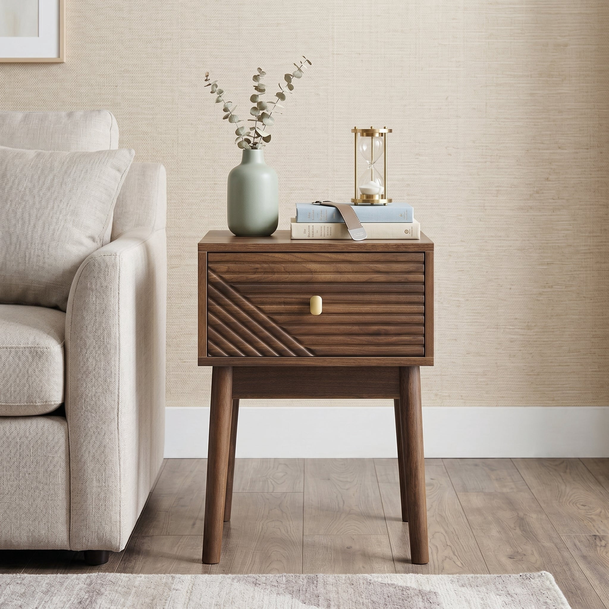 Sailvan Mid-Century Modern Walnut Bedside Table 2-Piece Set, with Metal Handles for Bedroom