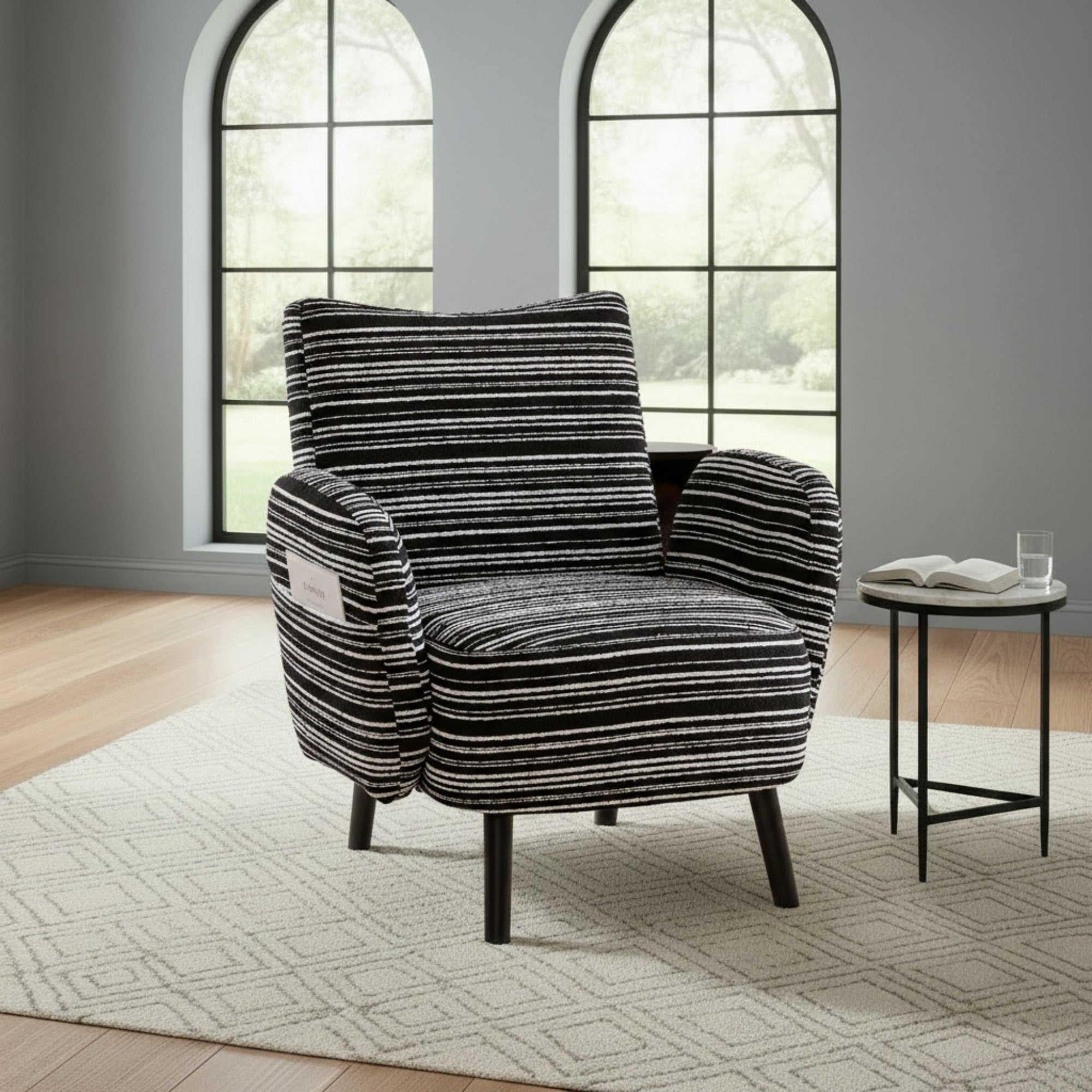 Sailvan Modern Armchair,Sanded Fabric Reading Chair with Side Storage Pocket & Solid Wood Legs for Living Room,Bedroom & Office Black