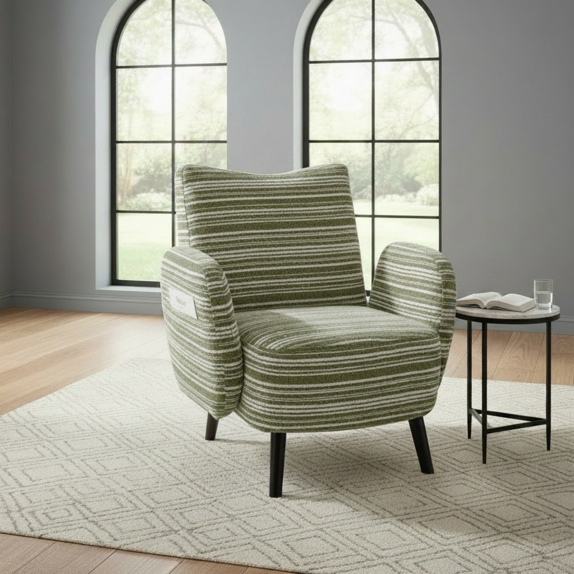Sailvan Modern Armchair,Sanded Fabric Reading Chair with Side Storage Pocket & Solid Wood Legs for Living Room,Bedroom & Office Olive Green