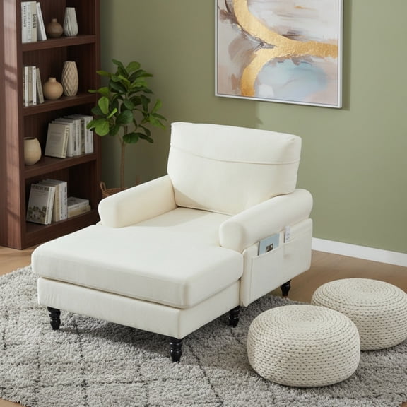 Sailvan Modern Chenille Chaise Lounge Indoor Recliner Chair Single Sofa with Storage Pocket & Solid Wood Legs Beige