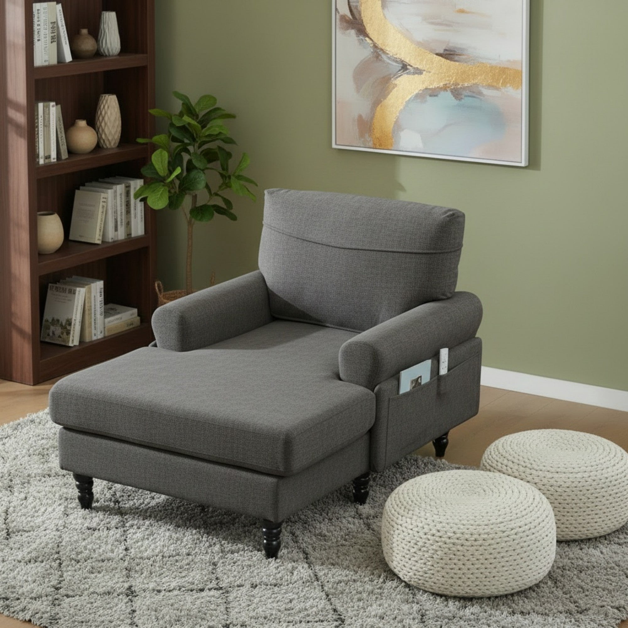 Sailvan Modern Chenille Chaise Lounge Indoor Recliner Chair Single Sofa with Storage Pocket & Solid Wood Legs Dark Gray