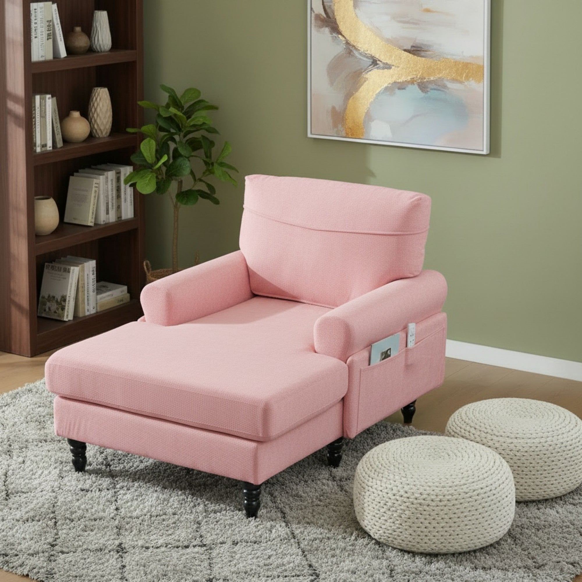 Sailvan Modern Chenille Chaise Lounge Indoor Recliner Chair Single Sofa with Storage Pocket & Solid Wood Legs Pink