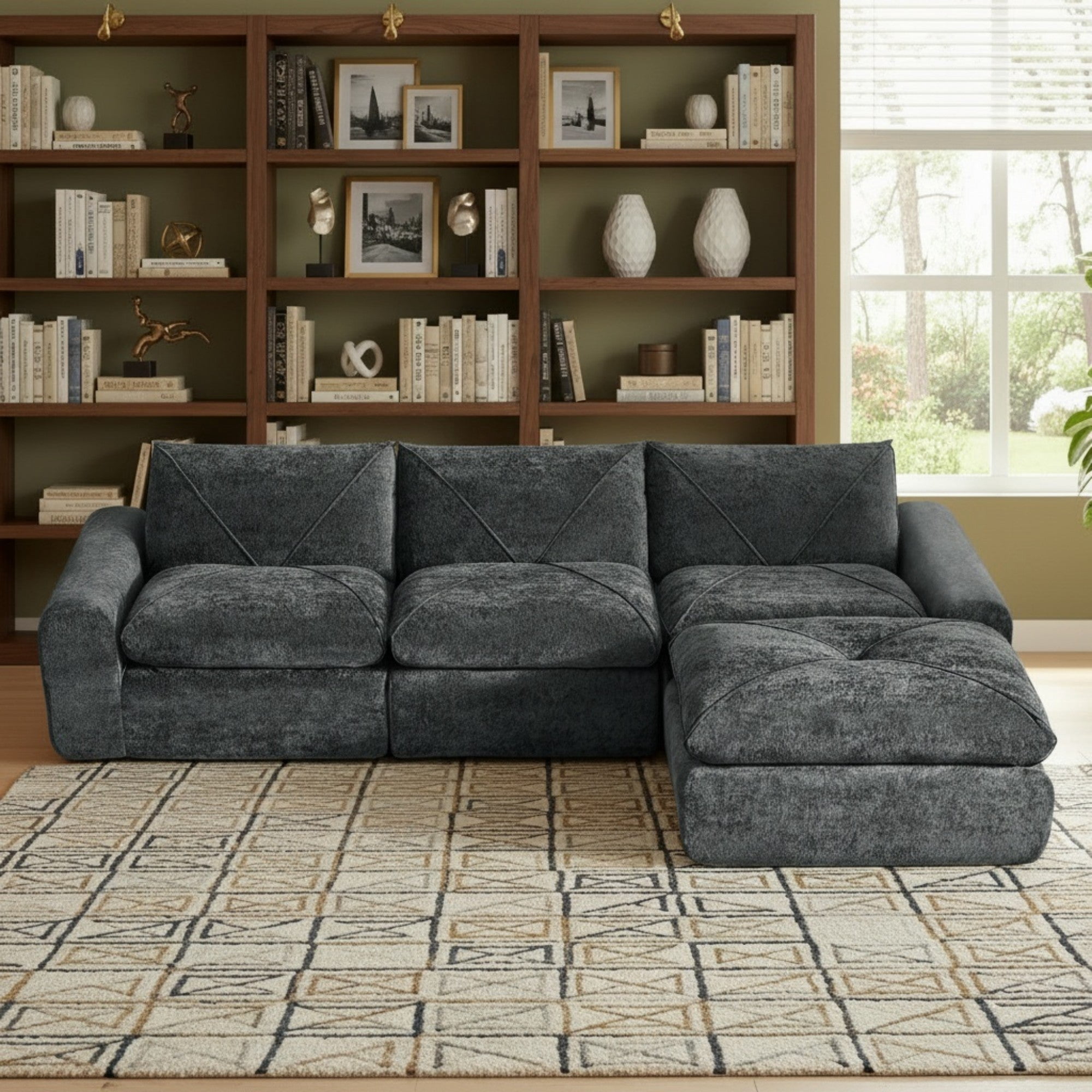 Sailvan Modern Chenille Modular Sectional Sofa with Ottoman,Comfortable Minimalist Living Room Couch for Families and Apartments Dark Gray