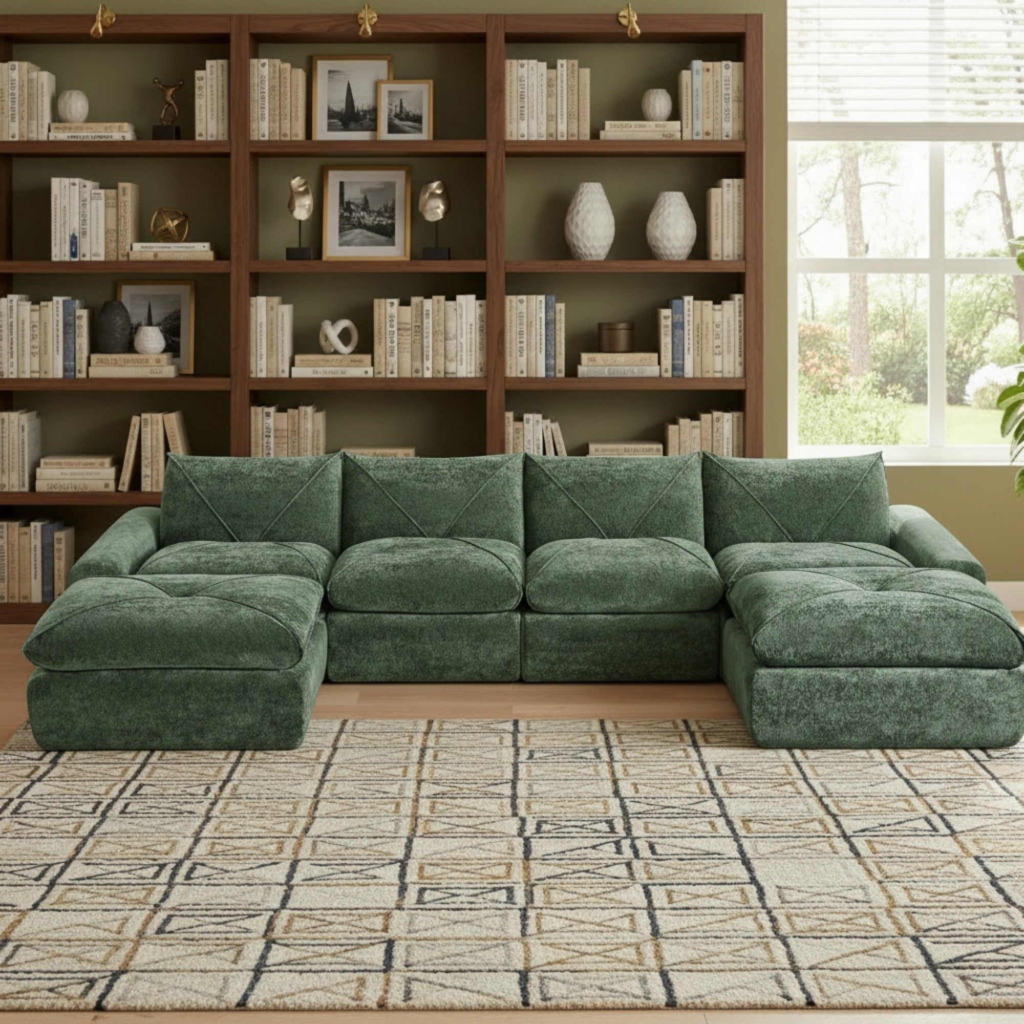 Sailvan Modern Chenille Modular Sectional Sofa with Ottoman,Comfortable Minimalist Living Room Furniture for Families and Apartments Green