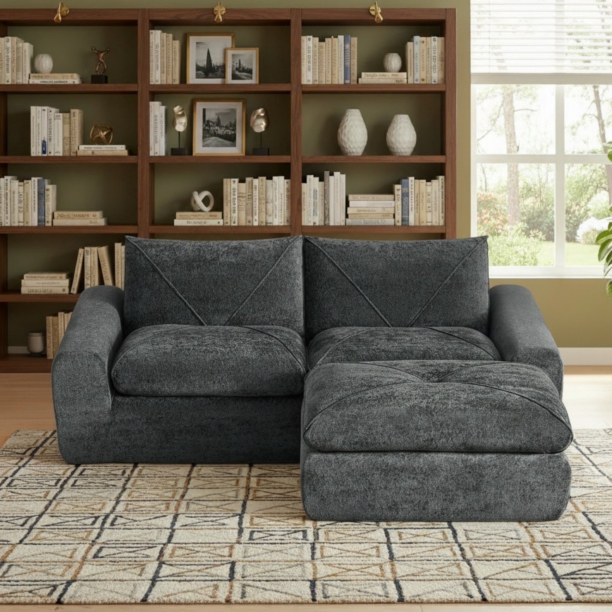 Sailvan Modern Chenille Sectional Sofa with Ottoman Modular Living Room Furniture Comfortable Deep Seat Couch for Families and Apartments Dark Gray
