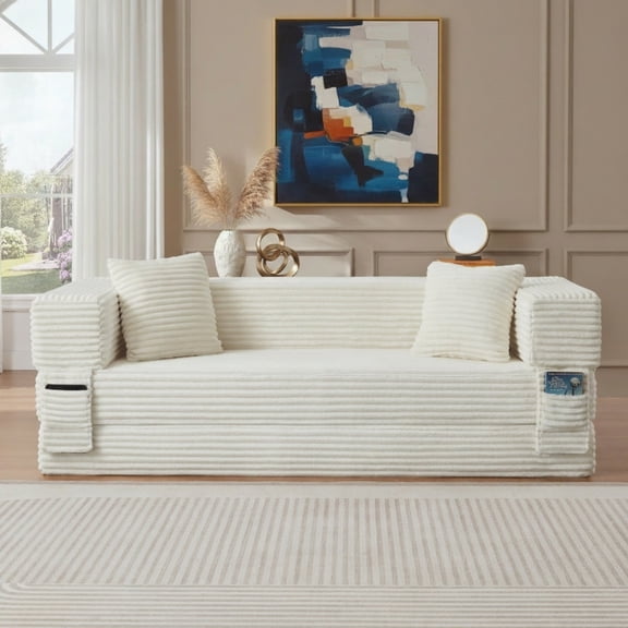 Sailvan Modern Cord Sofa Bed,Convertible Sleeper Couch with High Density Foam,Classic Square Two Tier Design for Apartments,Small Double Bed White
