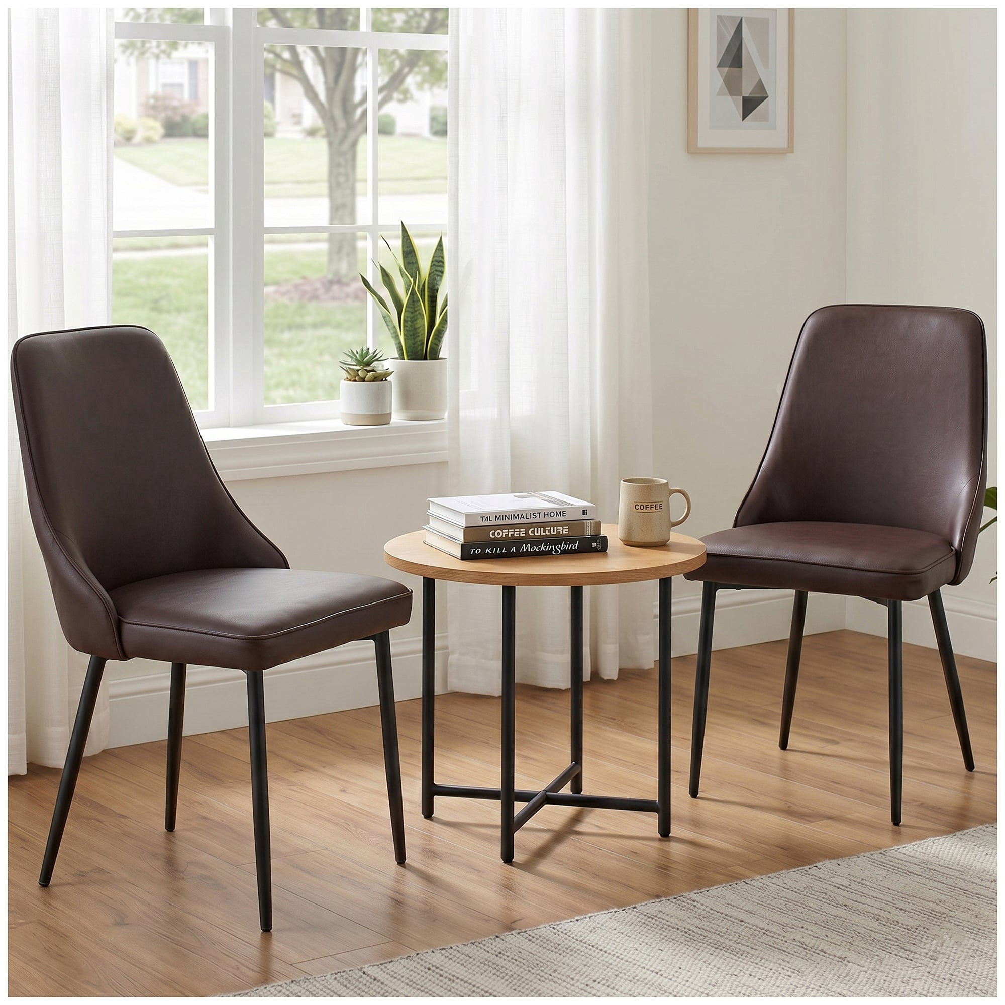 Sailvan Modern Dining Chairs Set of 2,Faux Leather Upholstered Kitchen Chairs with Ergonomic Curved Back and Metal Legs,Waterproof Side Chairs for Dining Room Brown