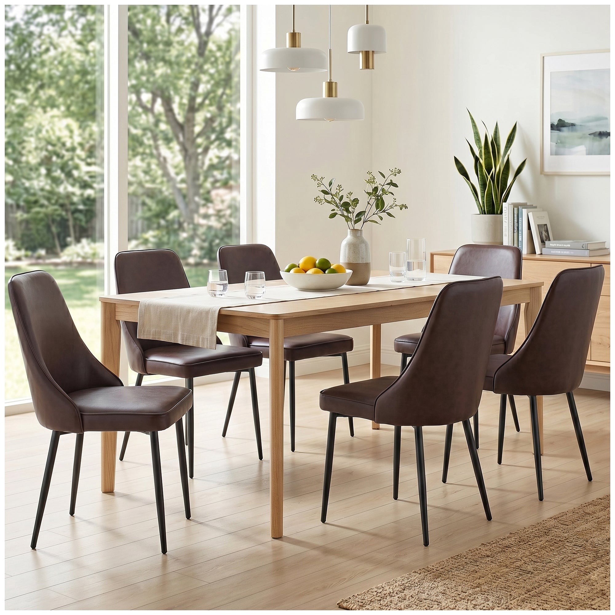 Sailvan Modern Dining Chairs Set of 6,Faux Leather Upholstered Kitchen Chairs with Ergonomic Curved Back and Metal Legs,Waterproof Side Chairs for Dining Room Brown