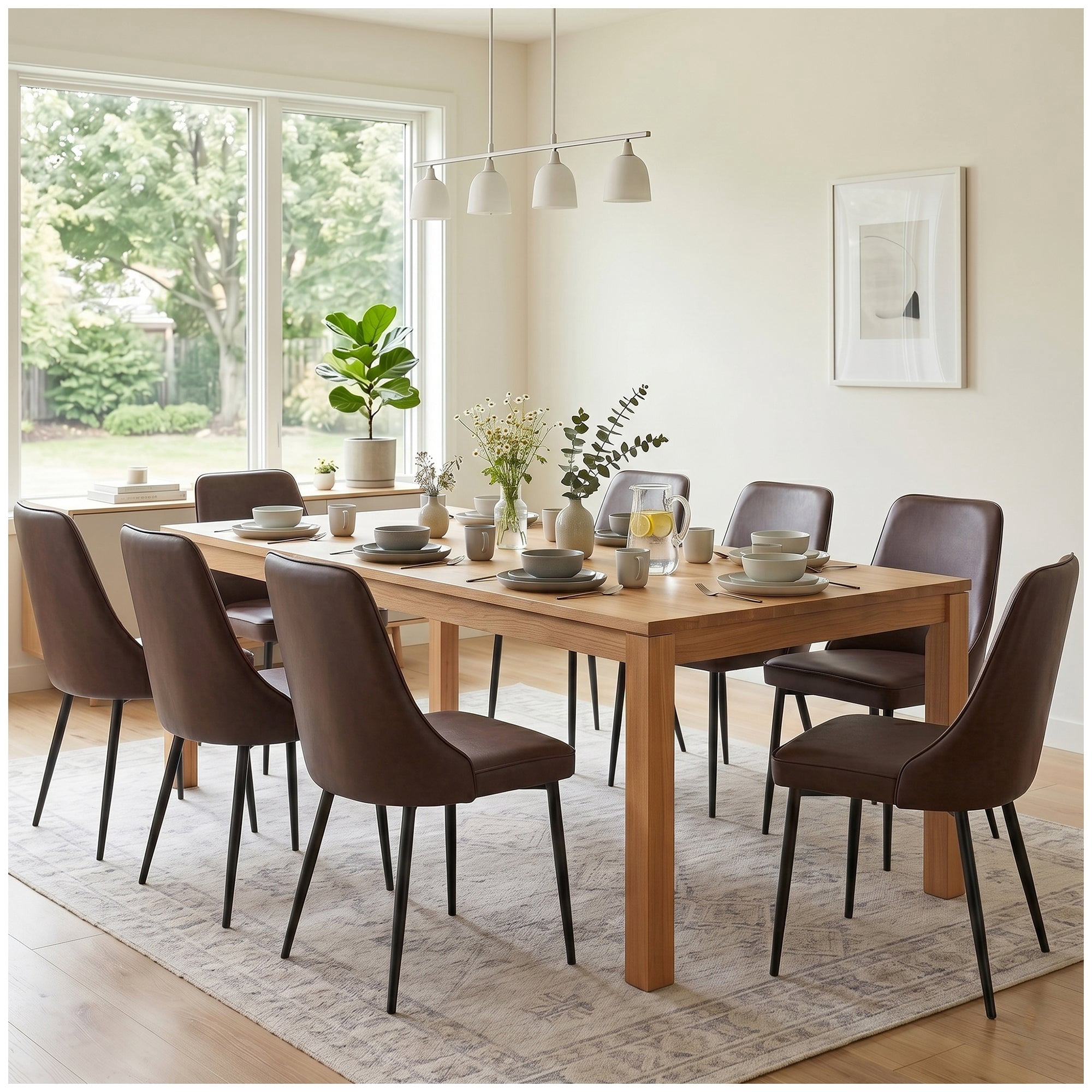 Sailvan Modern Dining Chairs Set of 8,Faux Leather Upholstered Kitchen Chairs with Ergonomic Curved Back and Metal Legs,Waterproof Side Chairs for Dining Room Brown