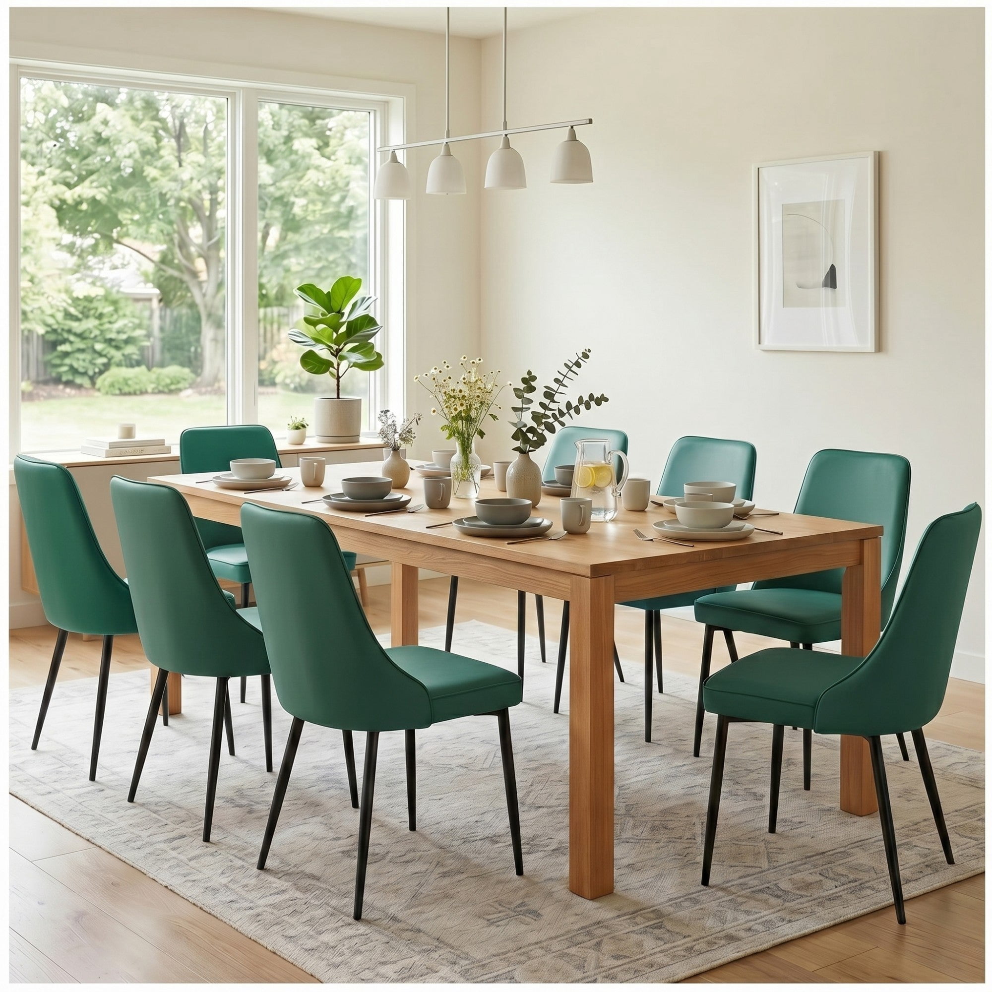 Sailvan Modern Dining Chairs Set of 8,Faux Leather Upholstered Kitchen Chairs with Ergonomic Curved Back and Metal Legs,Waterproof Side Chairs for Dining Room Green