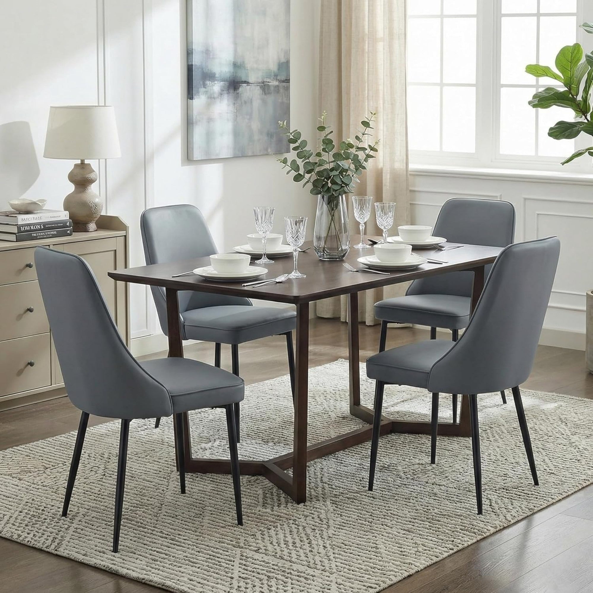 Sailvan Modern Dining Chairs Set of 4, Faux Leather Upholstered Kitchen Chairs with Ergonomic Curved Back and Metal Legs, Waterproof Side Chairs