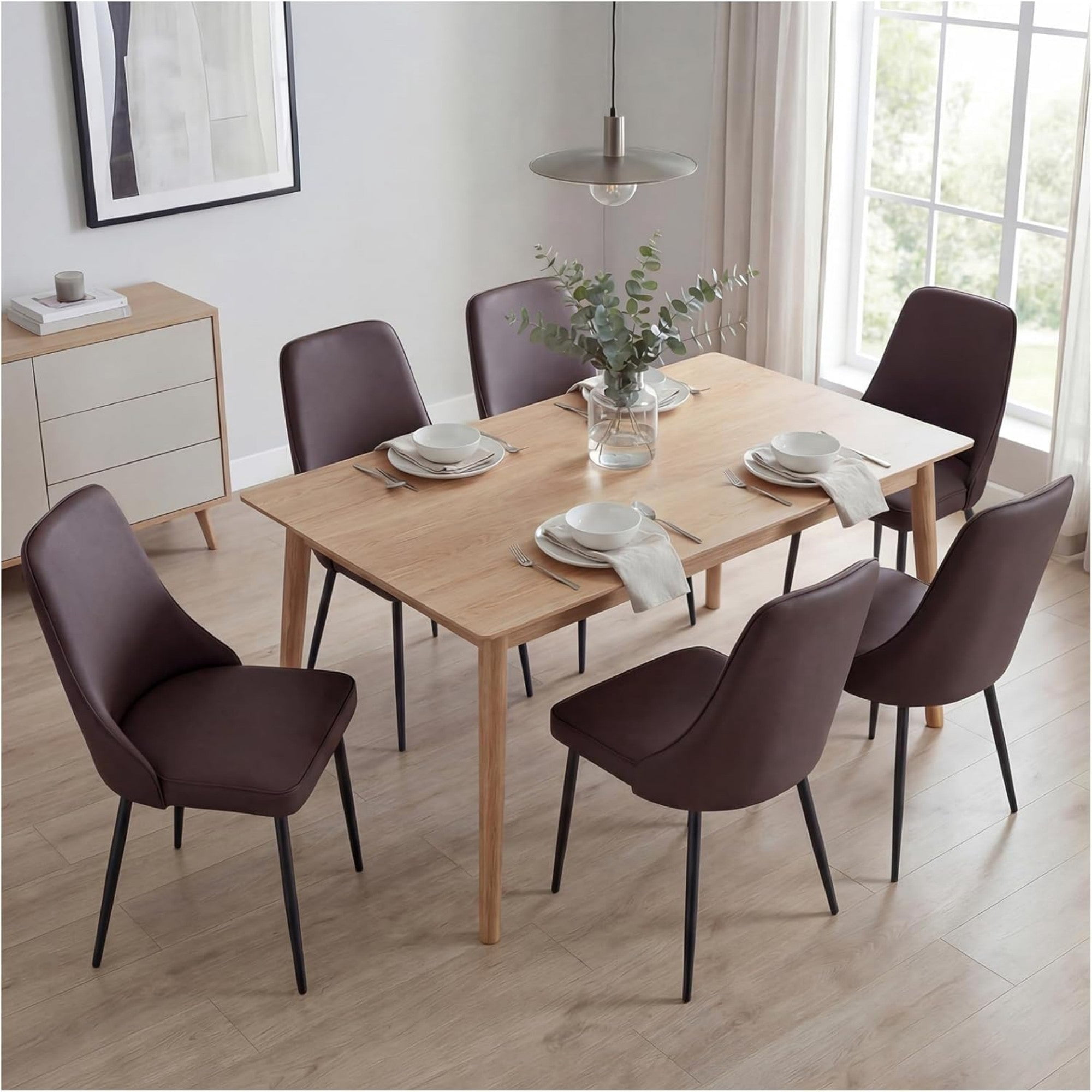 Sailvan Modern Dining Chairs Set of 6, Faux Leather Upholstered Kitchen Chairs with Ergonomic Curved Back and Metal Legs, Waterproof Side Chairs
