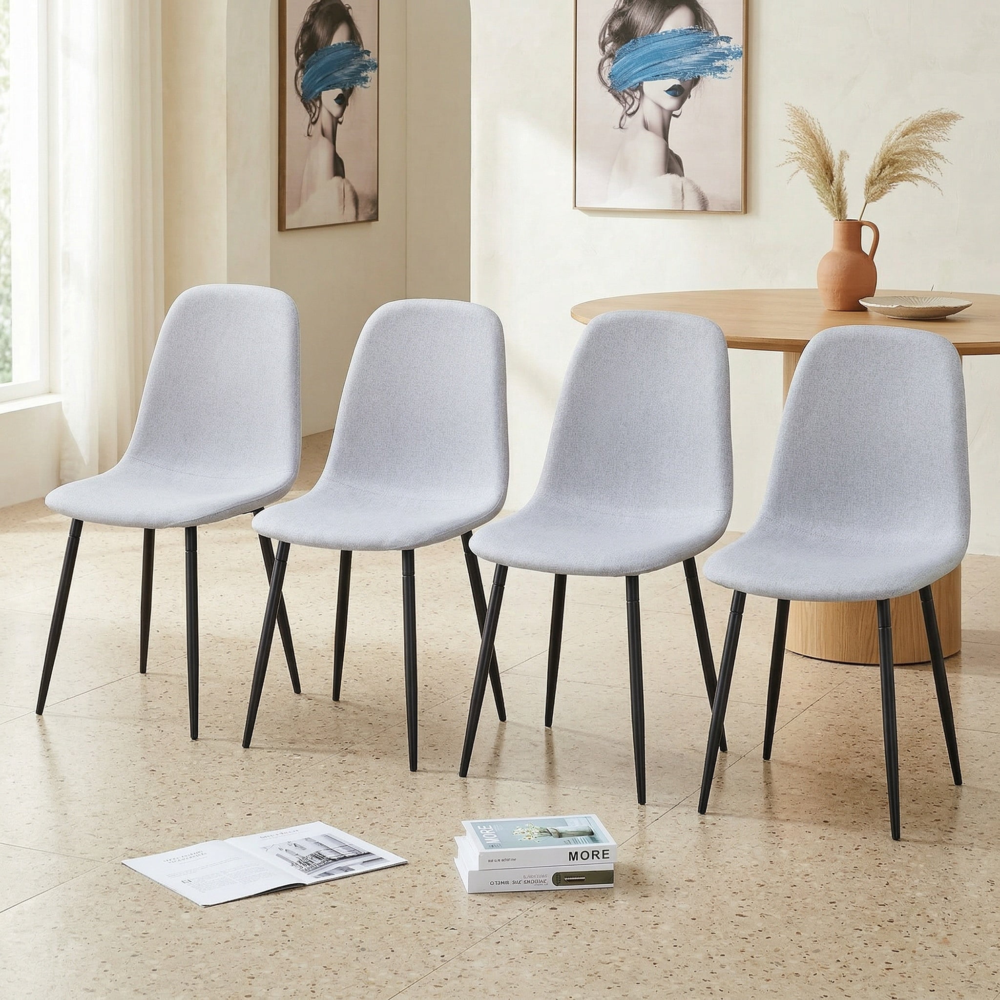 Sailvan Modern Linen Fabric Dining Chairs, 4-Pack, Sturdy Metal Legs with Anti-Slip Feet
