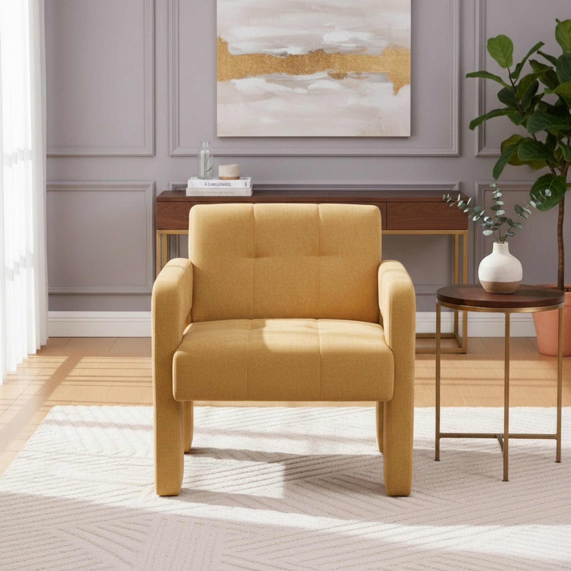 Sailvan Modern Minimalist Single Armchair,Soft Chenille Accent Chair for Living Room,Bedroom & Office,Comfy Nordic Reading Chair Mustard yellow