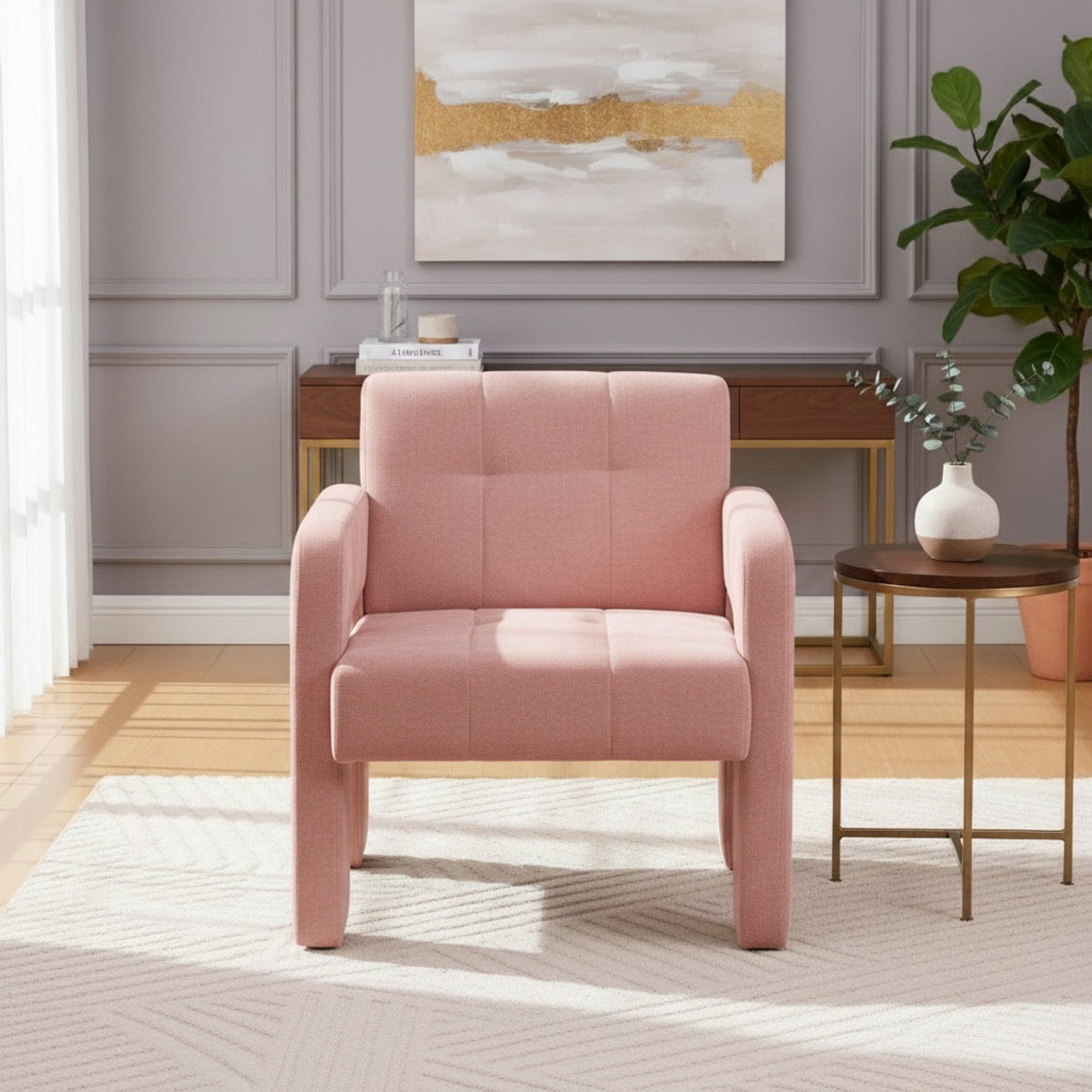 Sailvan Modern Minimalist Single Armchair,Soft Chenille Accent Chair for Living Room,Bedroom & Office,Comfy Nordic Reading Chair Pink