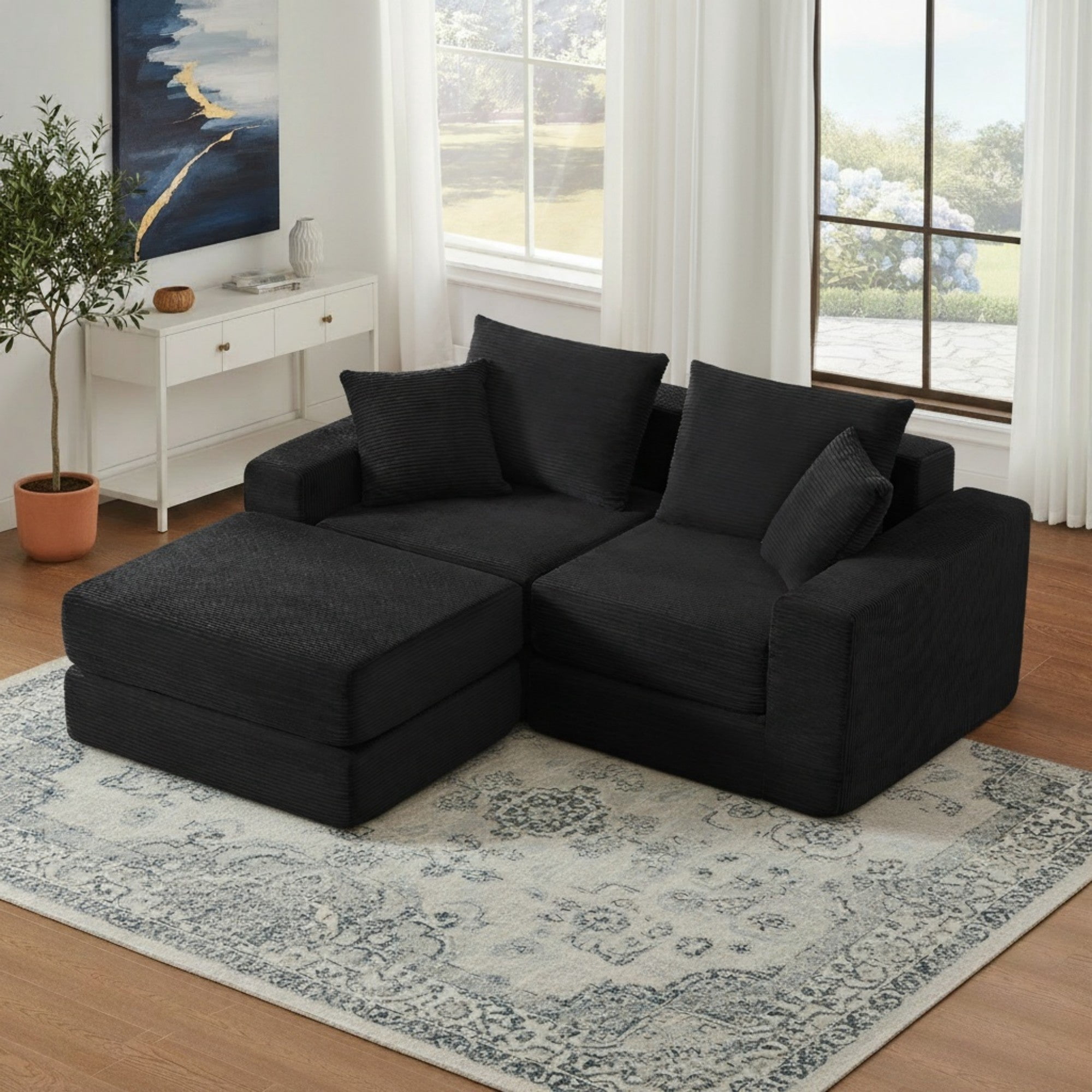 Sailvan Modular Sectional Loveseat Cloud Sofa,Boneless Corduroy Couch with Non Slip Base,No Assembly L-Shape Sleeper Sofa for Small Spaces Black
