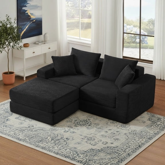 Sailvan Modular Sectional Loveseat Cloud Sofa,Boneless Corduroy Couch with Non Slip Base,No Assembly L-Shape Sleeper Sofa for Small Spaces Black
