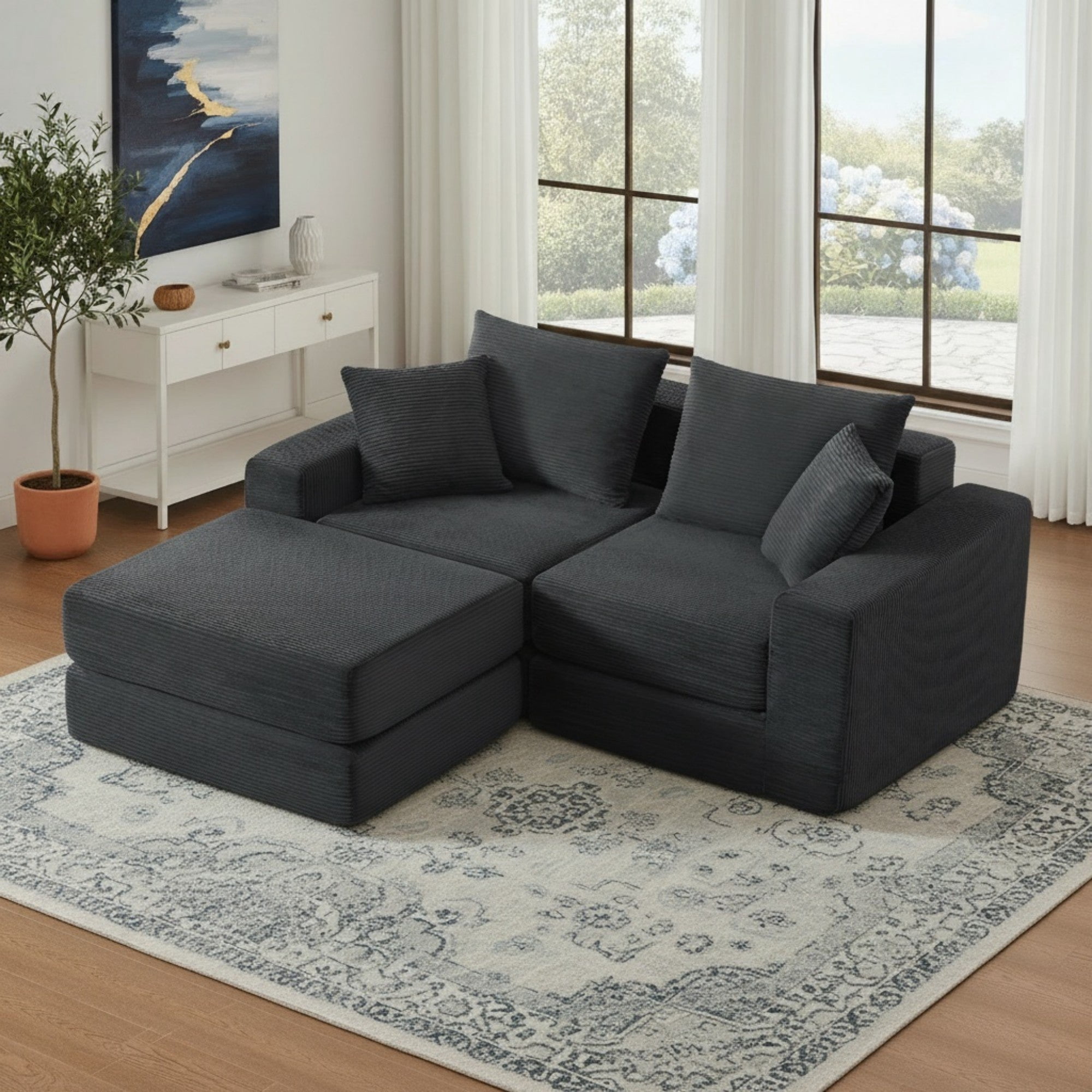 Sailvan Modular Sectional Loveseat Cloud Sofa,Boneless Corduroy Couch with Non Slip Base,No Assembly L-Shape Sleeper Sofa for Small Spaces Dark Gray