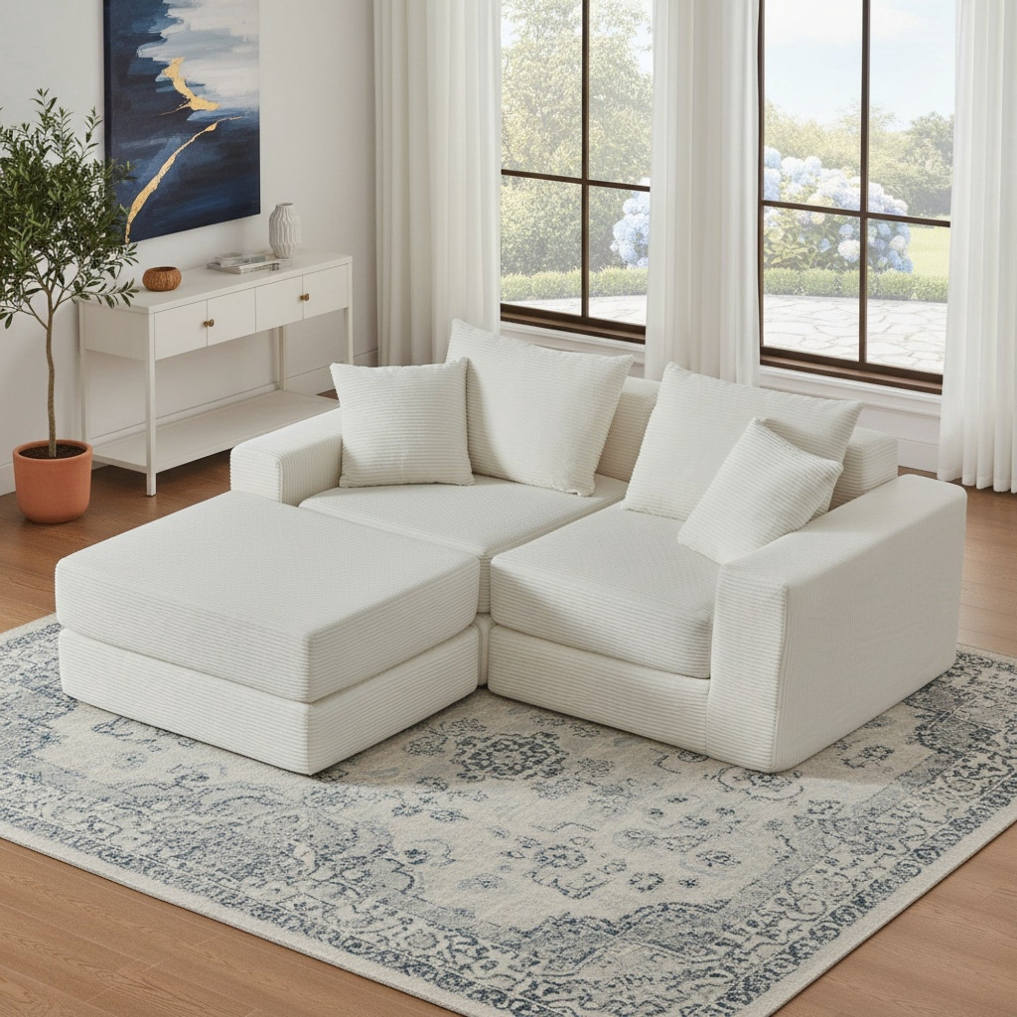 Sailvan Modular Sectional Loveseat Cloud Sofa,Boneless Corduroy Couch with Non Slip Base,No Assembly L-Shape Sleeper Sofa for Small Spaces White