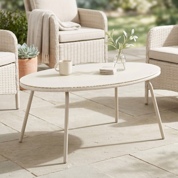 Sailvan Off-White Round Outdoor PE Rattan Glass Table for Patio Garden