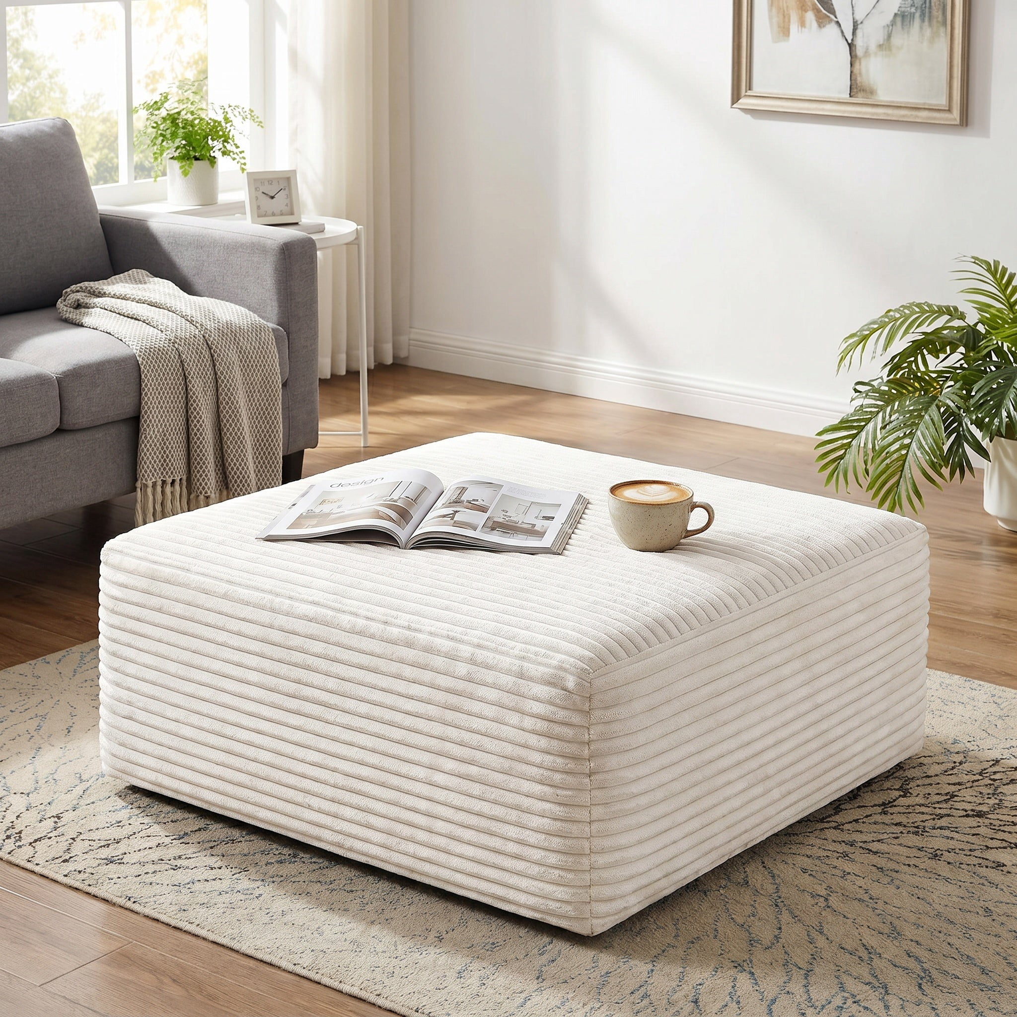 Sailvan Ottoman, Foot Stool Sofa Ottoman for Living Room & Bedroom, No Assembly Required, Plush Corduroy Fabric, Beige