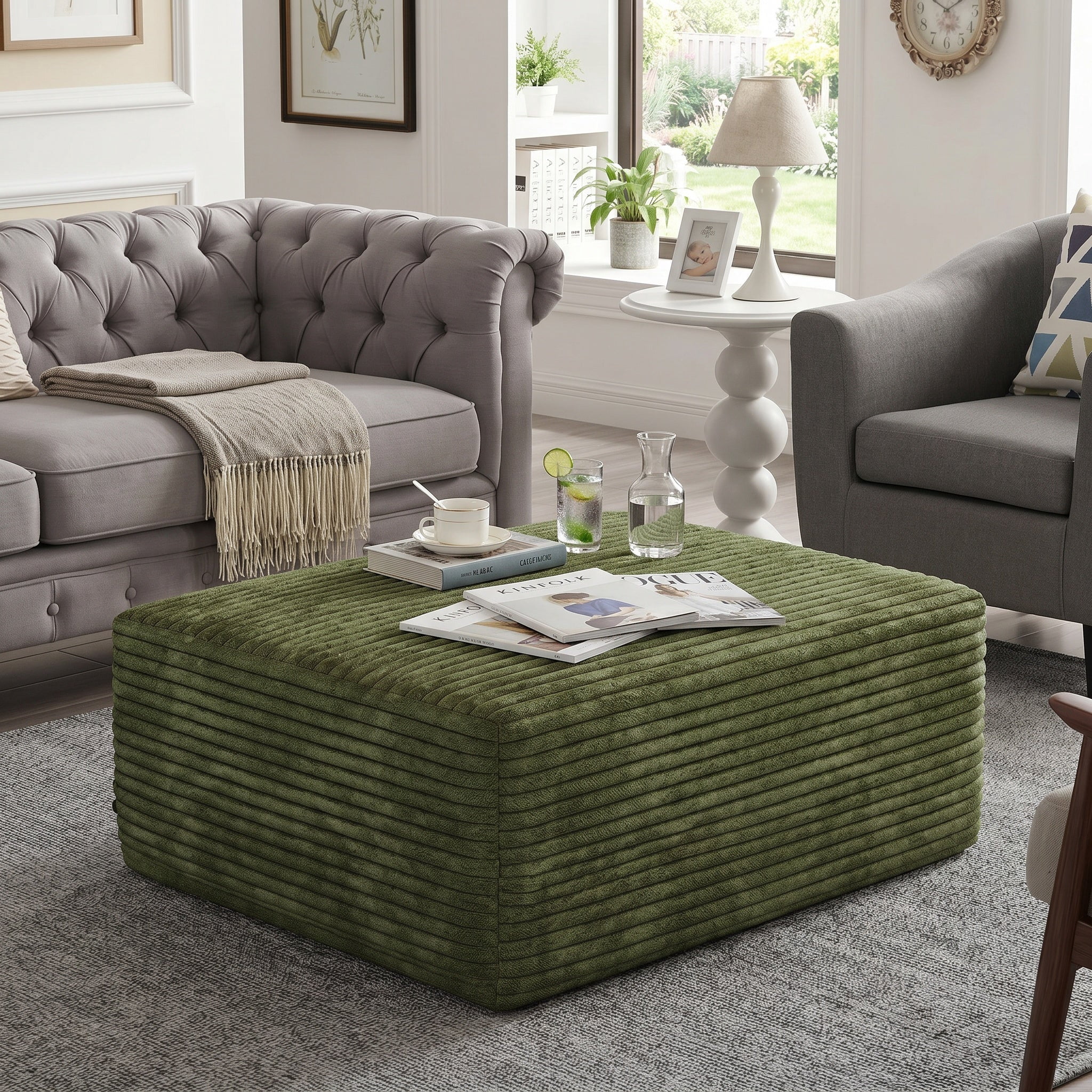 Sailvan Ottoman, Foot Stool Sofa Ottoman for Living Room & Bedroom, No Assembly Required, Plush Corduroy Fabric, Green