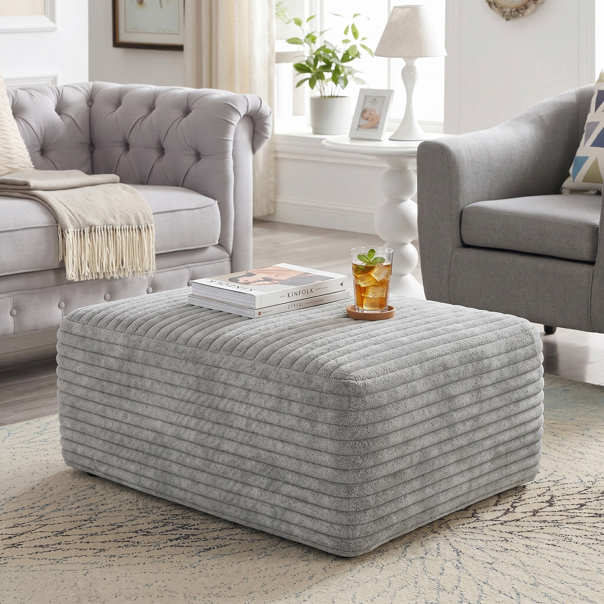 Sailvan Ottoman, Foot Stool Sofa Ottoman for Living Room & Bedroom, No Assembly Required, Plush Corduroy Fabric, Light Gray