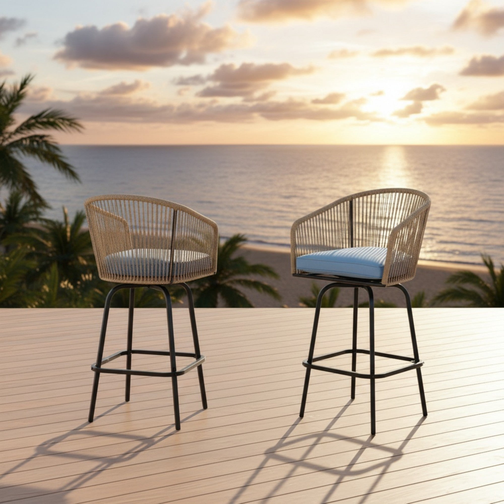 Sailvan Outdoor Bar Stools All-Weather Wicker Patio Bar Chairs with Armrests and Footrest,Blue