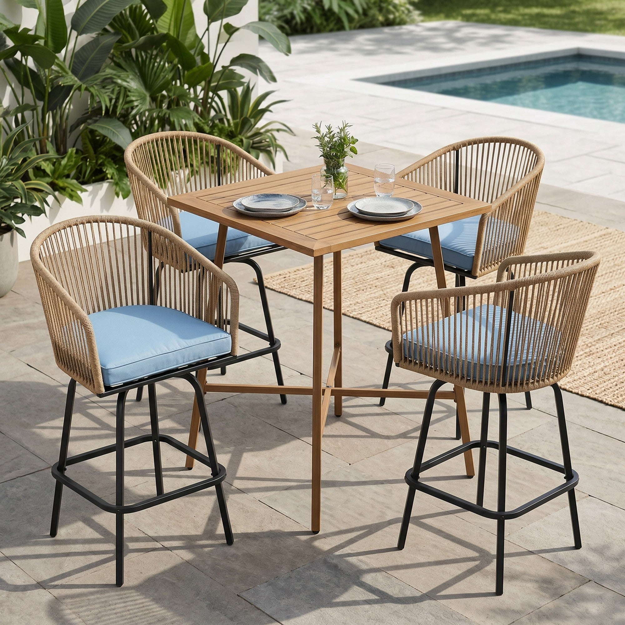 Sailvan Outdoor Bar Stools All-Weather Wicker Patio Bar Chairs with Armrests and Footrest,Blue