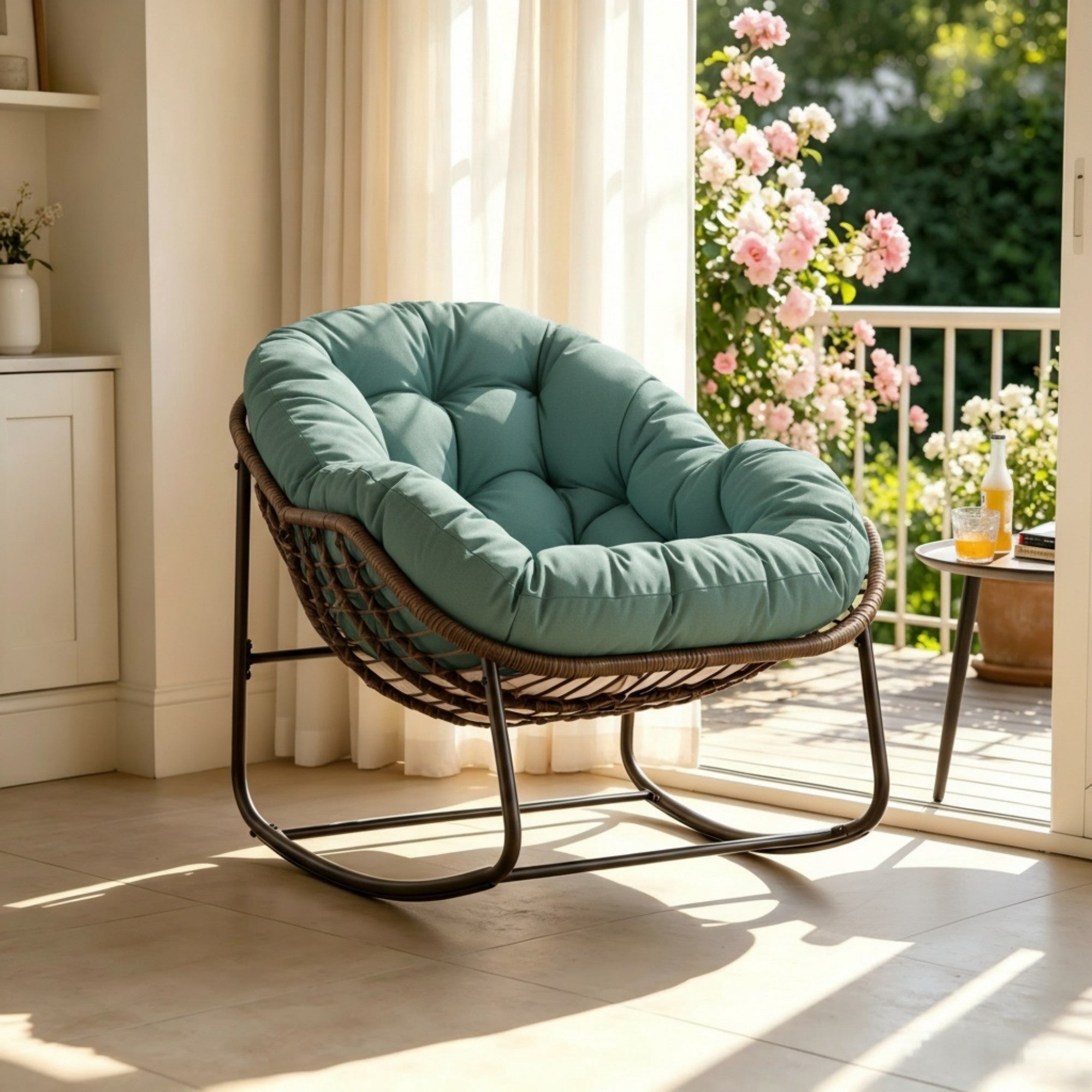 Sailvan Outdoor Rattan Rocking Chair,Oversized Wicker Egg Chair for Patio,Front Porch and Living Room Green