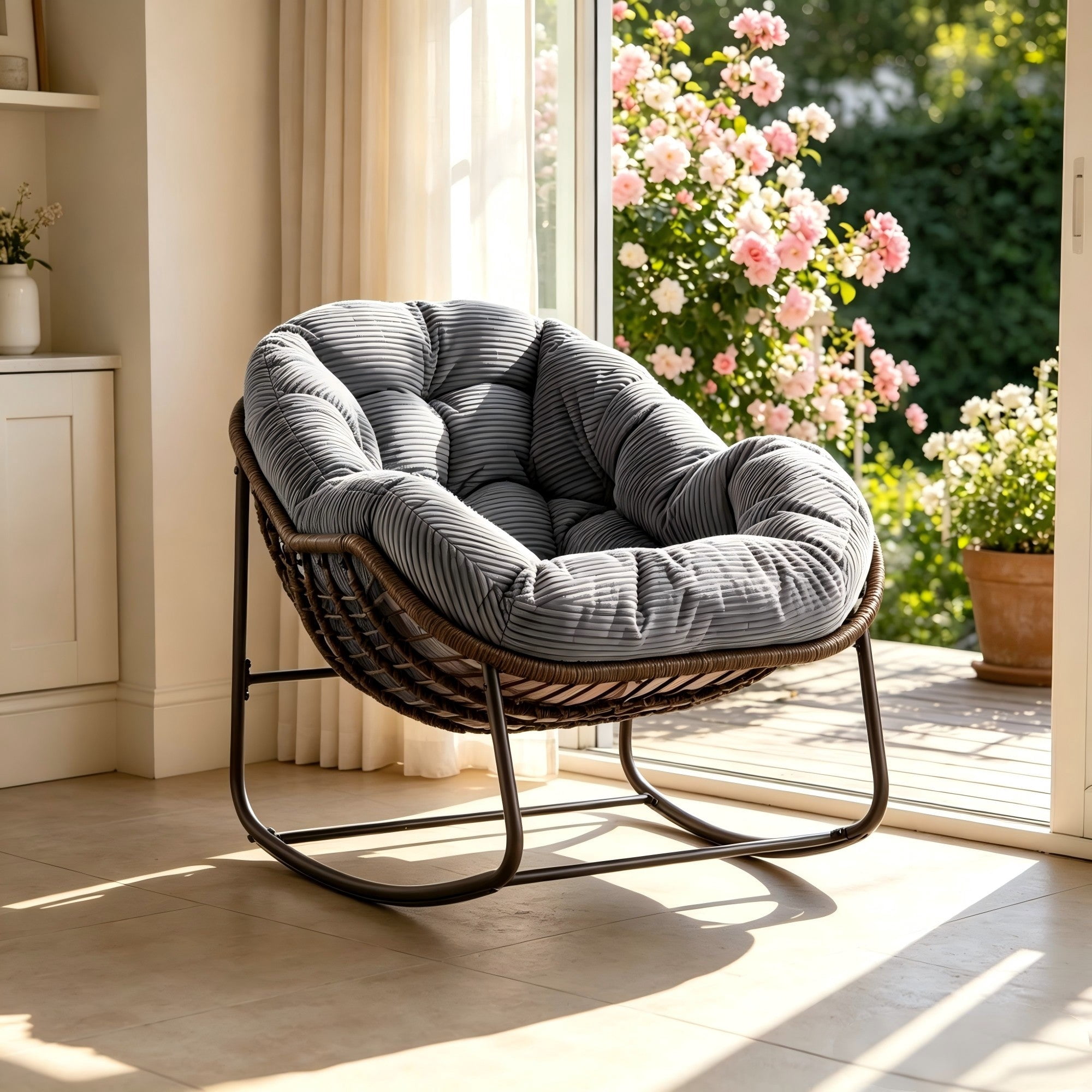 Sailvan Outdoor Rattan Rocking Chair,Oversized Wicker Egg Chair for Patio,Front Porch and Living Room Grey