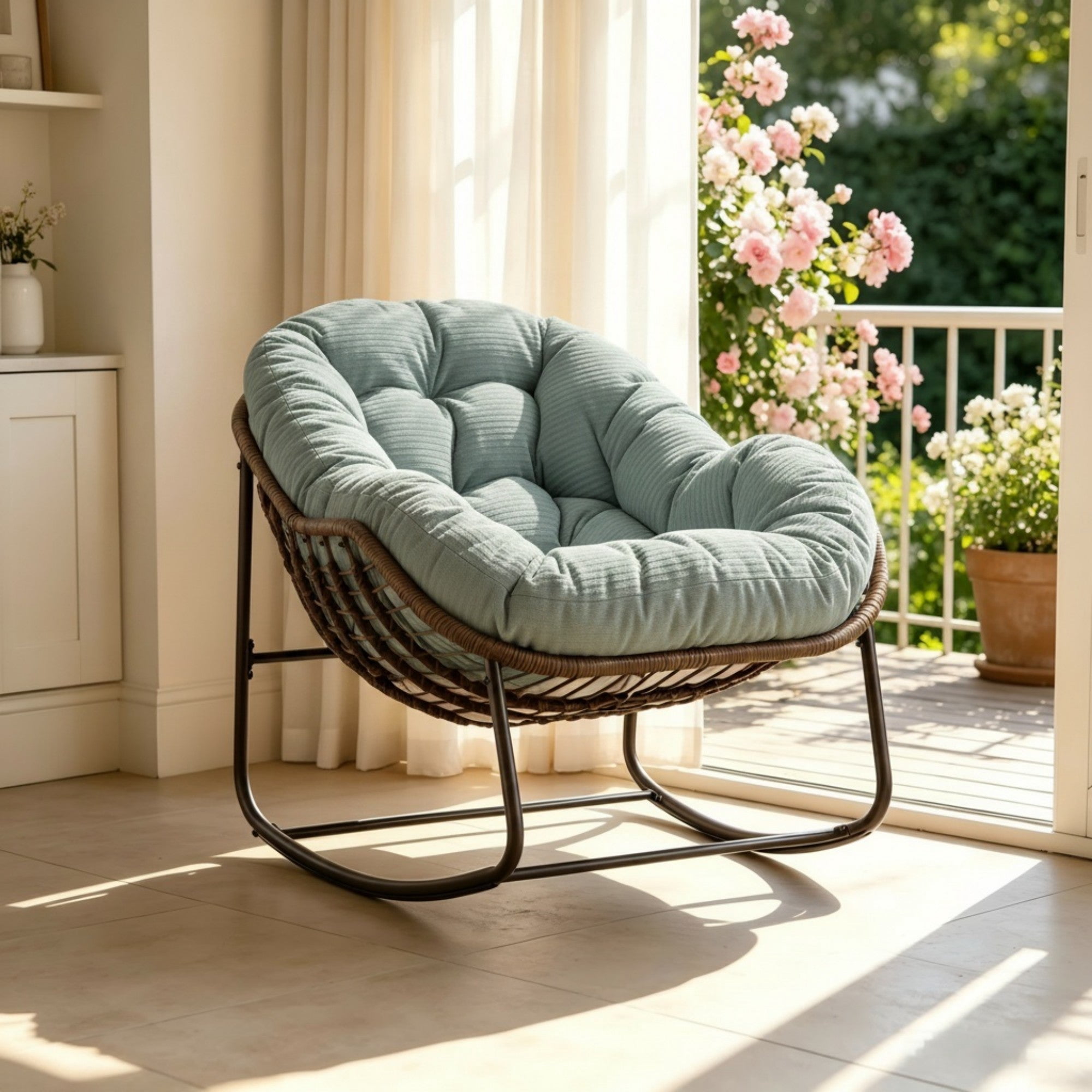Sailvan Outdoor Rattan Rocking Chair,Oversized Wicker Egg Chair for Patio,Front Porch and Living Room Light Green