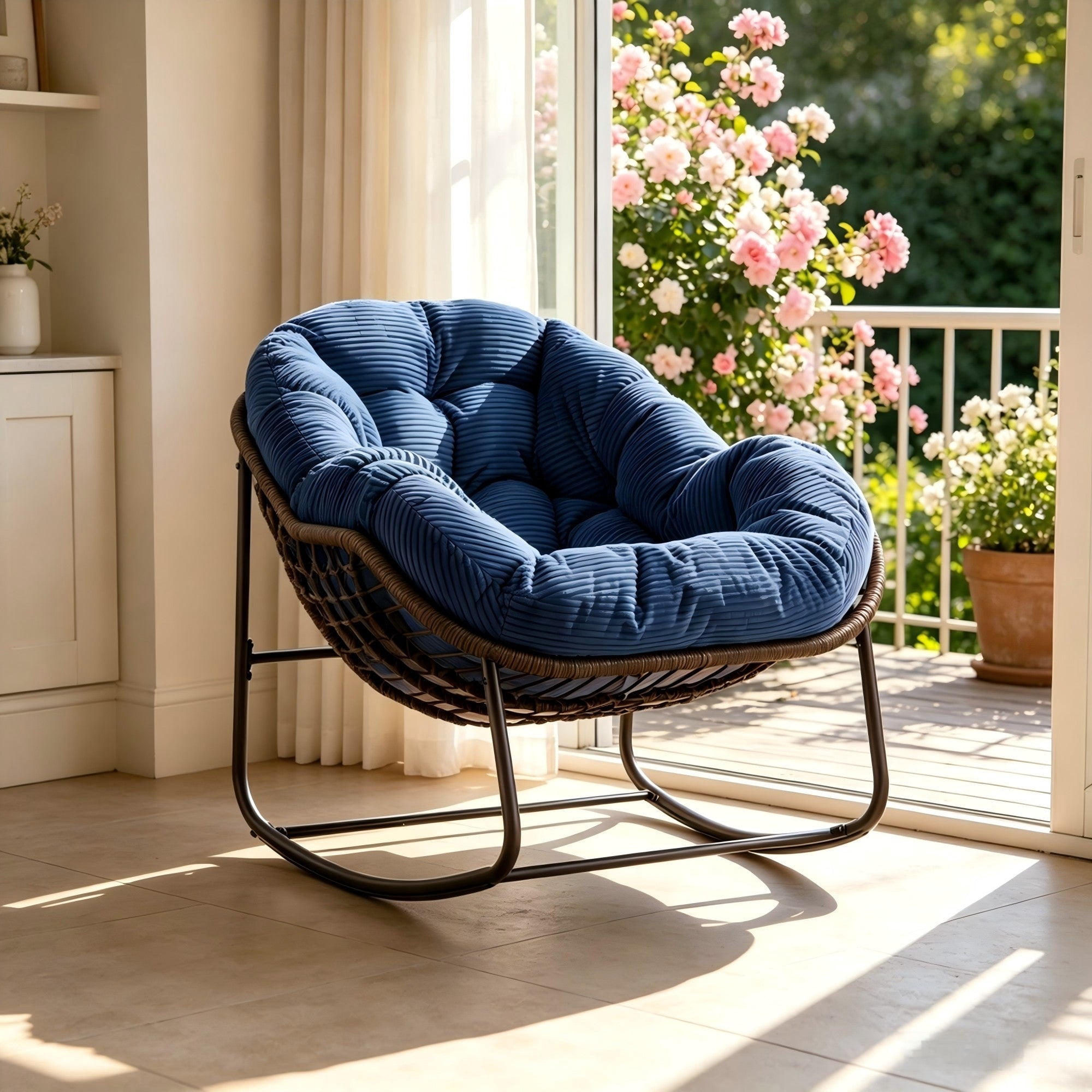 Sailvan Outdoor Rattan Rocking Chair,Oversized Wicker Egg Chair for Patio,Front Porch and Living Room Navy Blue