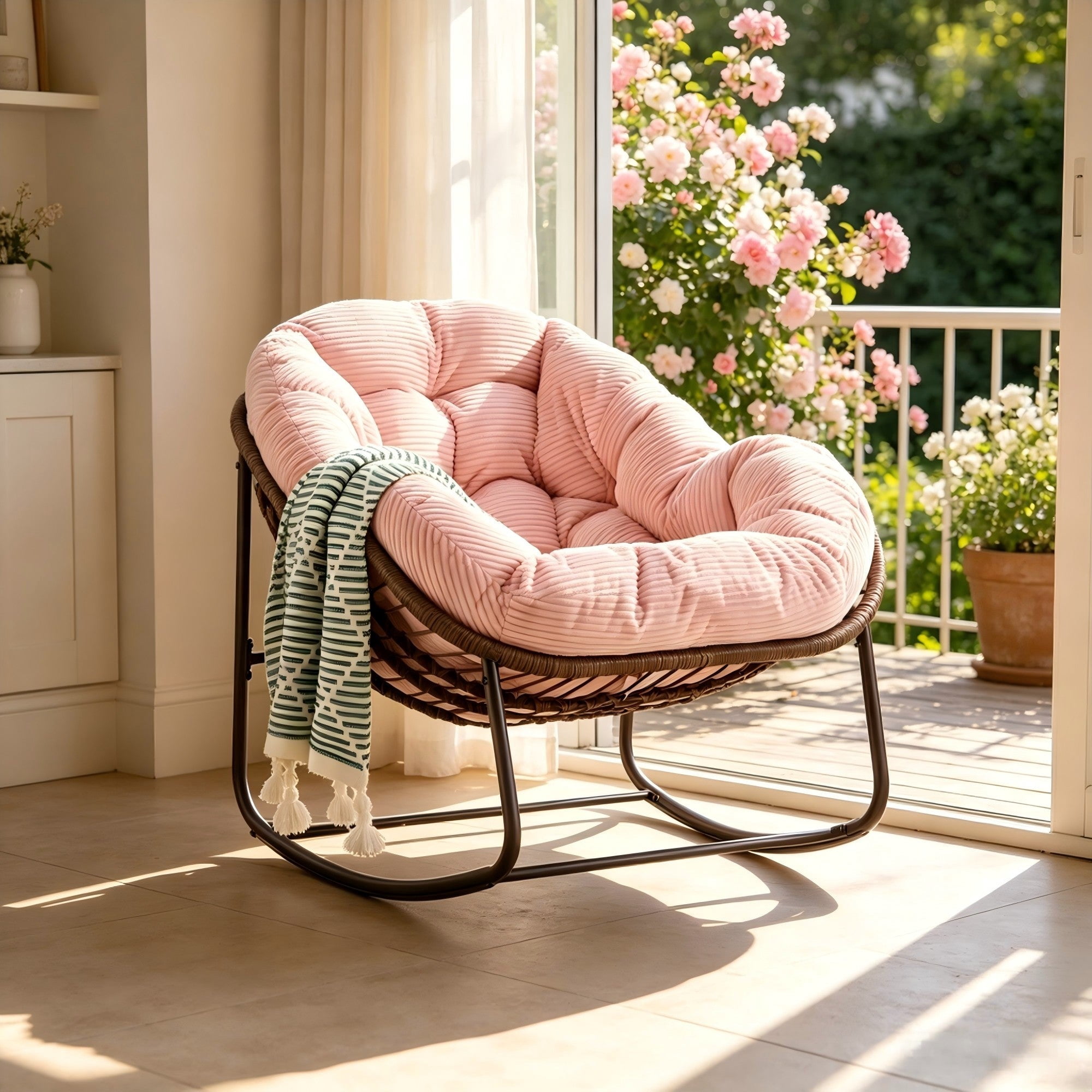 Sailvan Outdoor Rattan Rocking Chair,Oversized Wicker Egg Chair for Patio,Front Porch and Living Room Pink