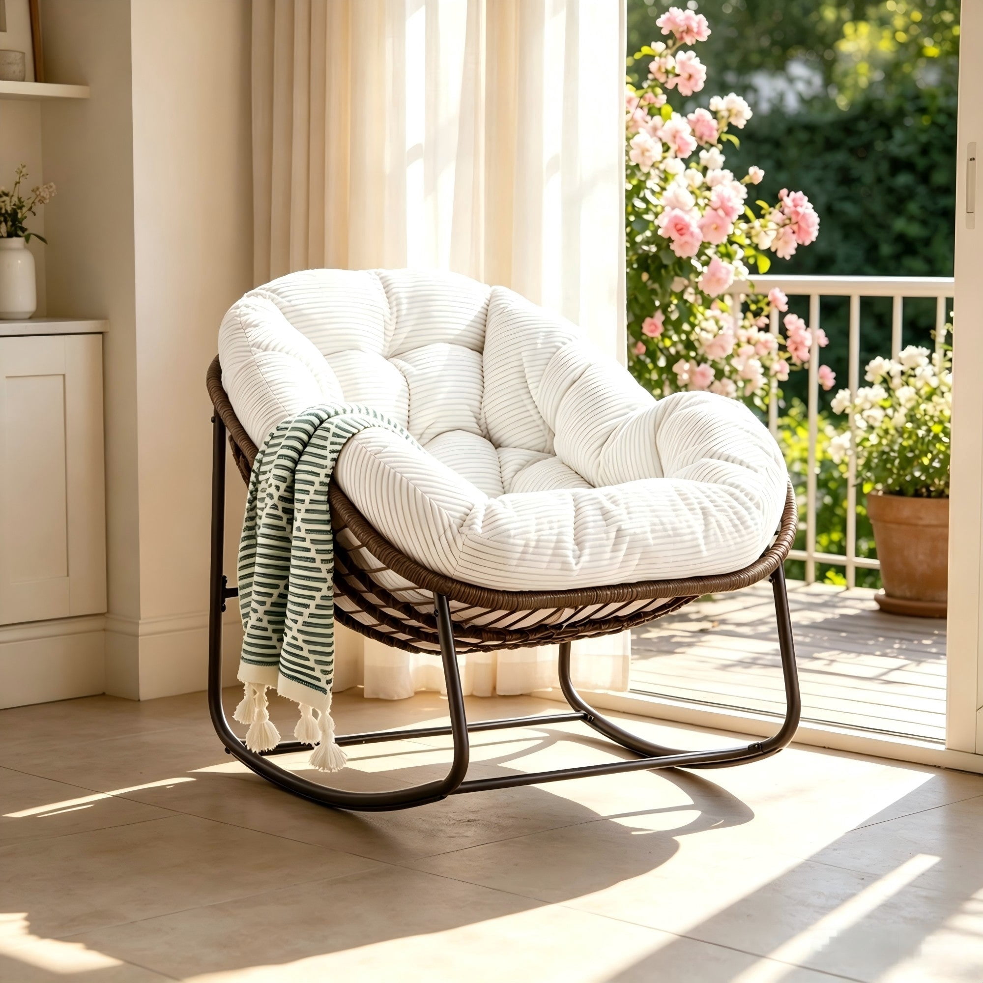 Sailvan Outdoor Rattan Rocking Chair,Oversized Wicker Egg Chair for Patio,Front Porch and Living Room White