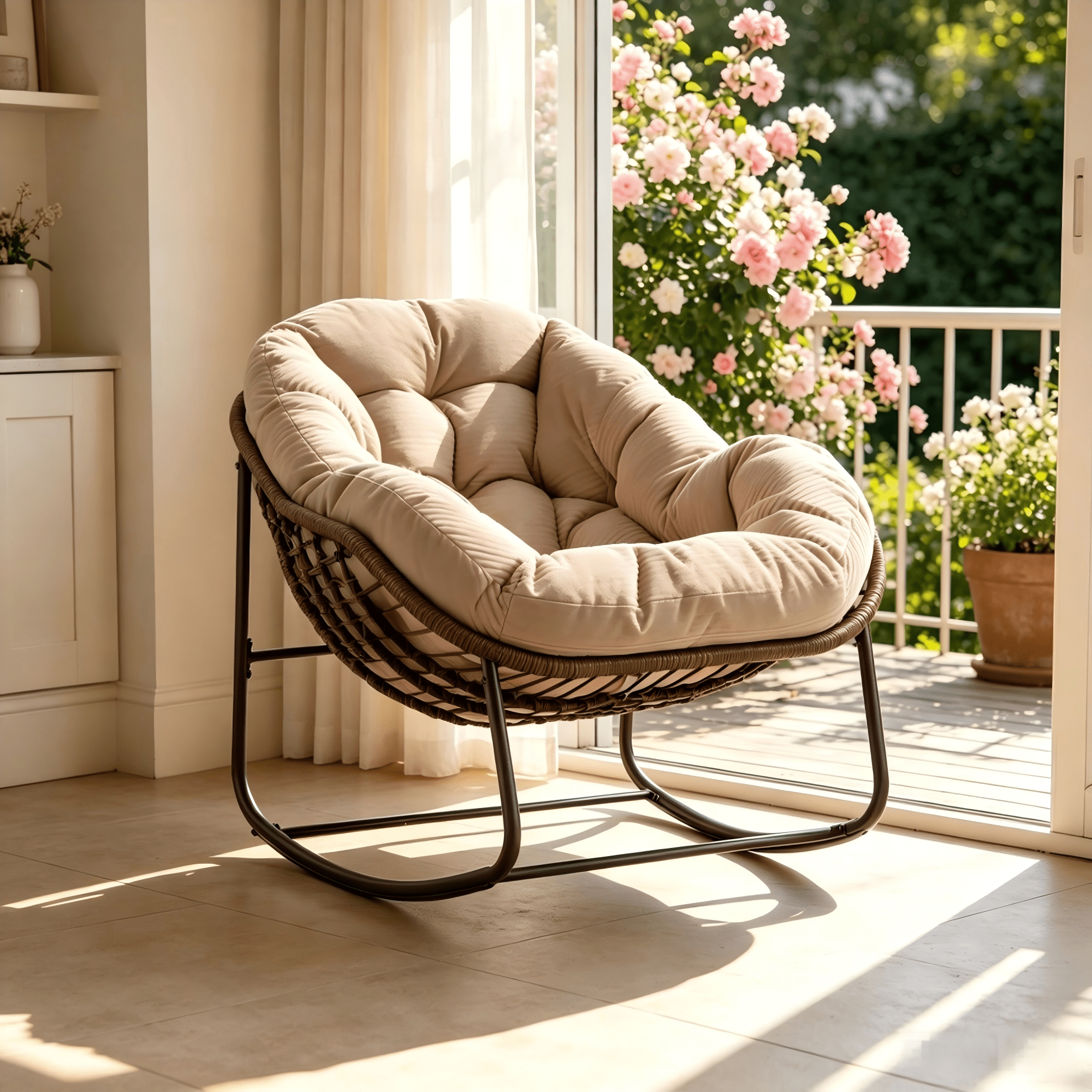 Sailvan Outdoor Rattan Rocking Chair,Oversized Wicker Egg Chair for Patio,Front Porch and Living Room khaki