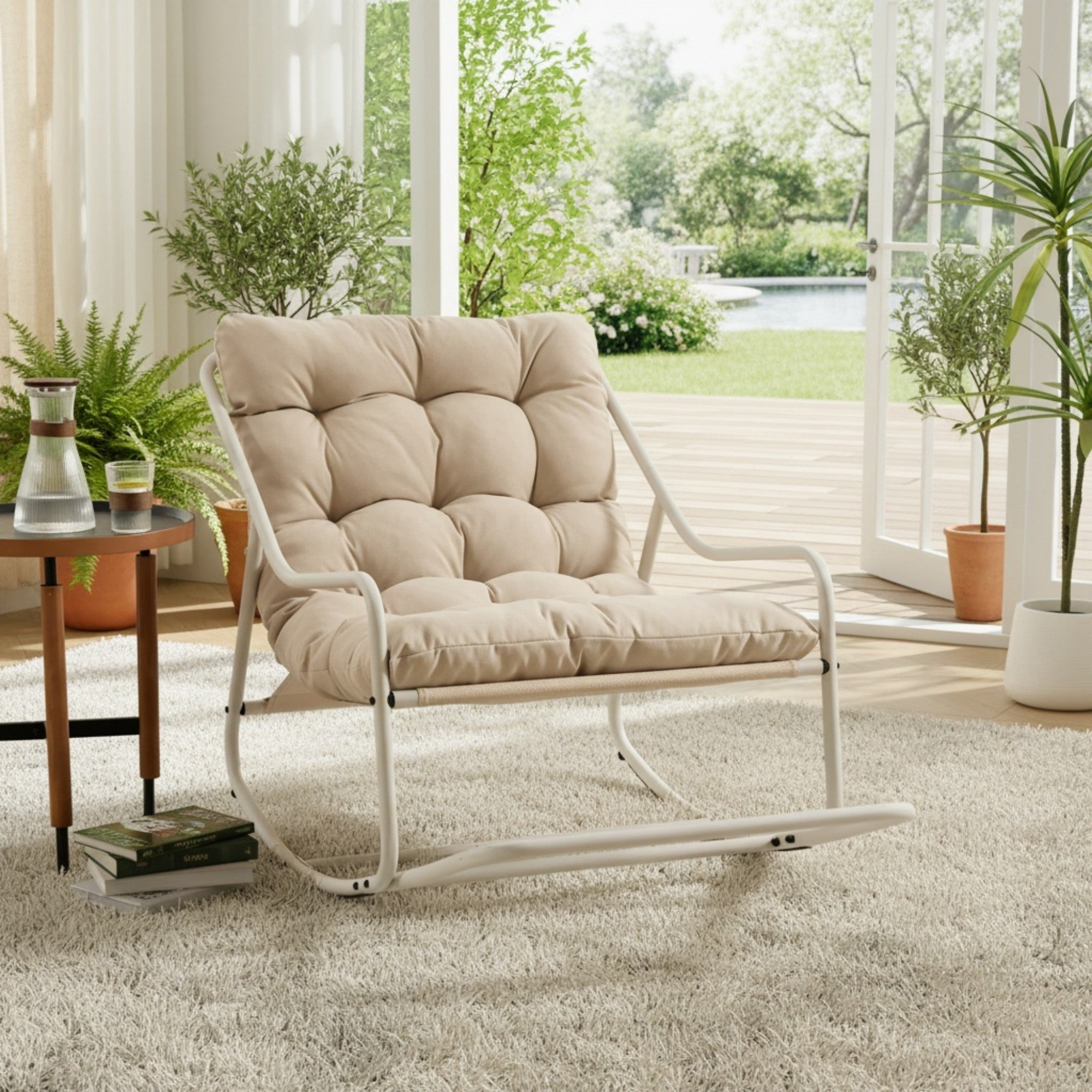 Sailvan Outdoor Rocking Chair with Thick Cushion,Adjustable Metal Patio Rocker for Porch,and Living Room Beige