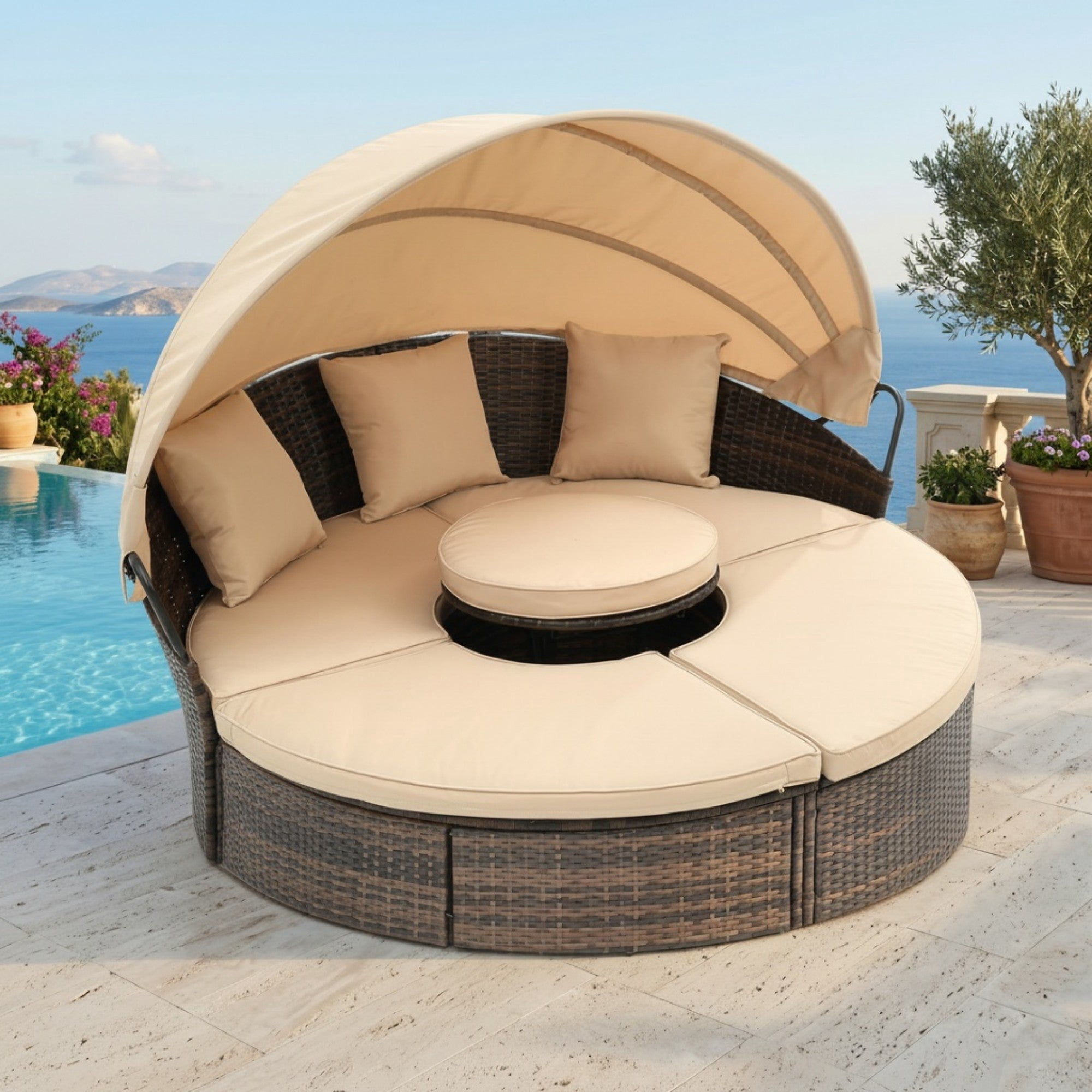 Sailvan Outdoor Sofa Bed Wicker Round Daybed with Retractable Canopy and Lift Coffee Table for Patio Poolside Beige