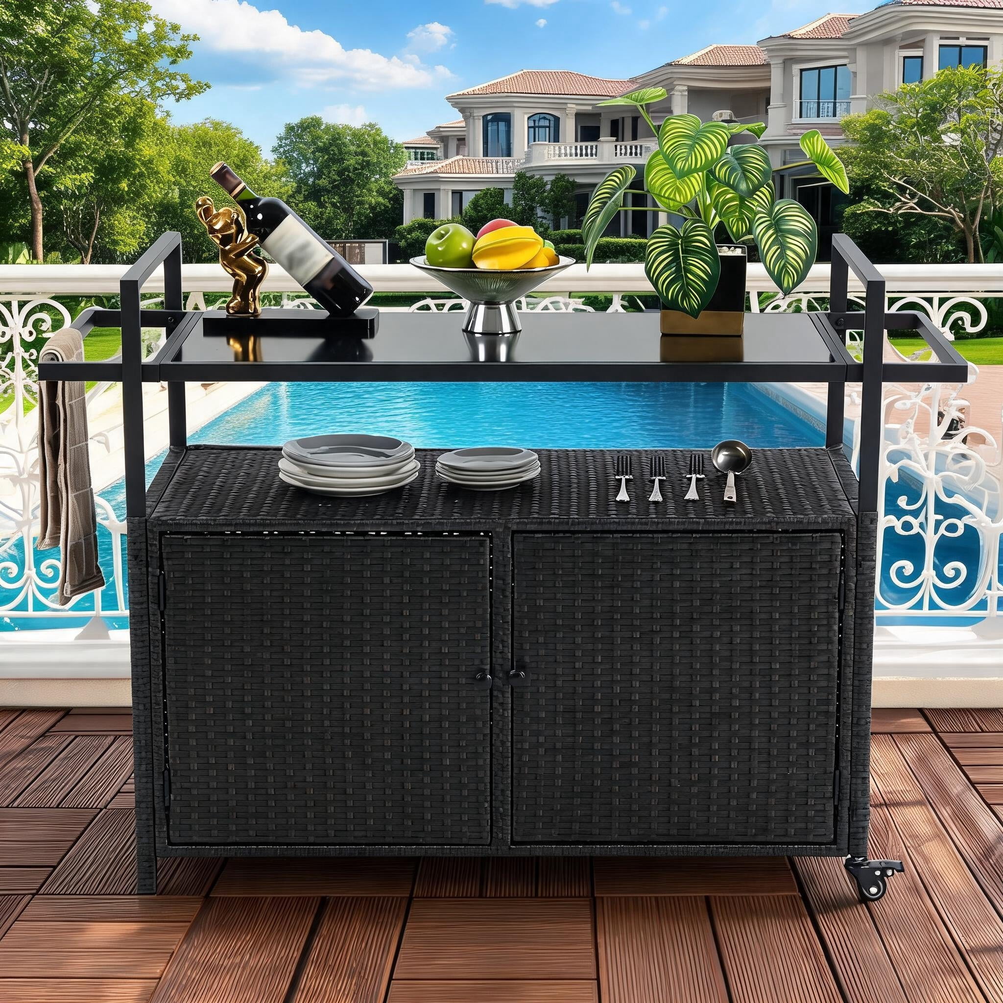 Sailvan Outdoor Wicker Bar Cart, Rolling Patio Serving Cart with Glass Top & Wheels for Backyard Poolside Party, Black