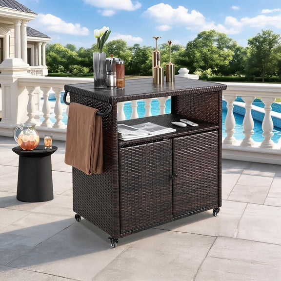 Sailvan Outdoor Wicker Bar Cart, Rolling Patio Serving Cart with Plastic Wood Top for Backyard Garden Poolside, Light Brown