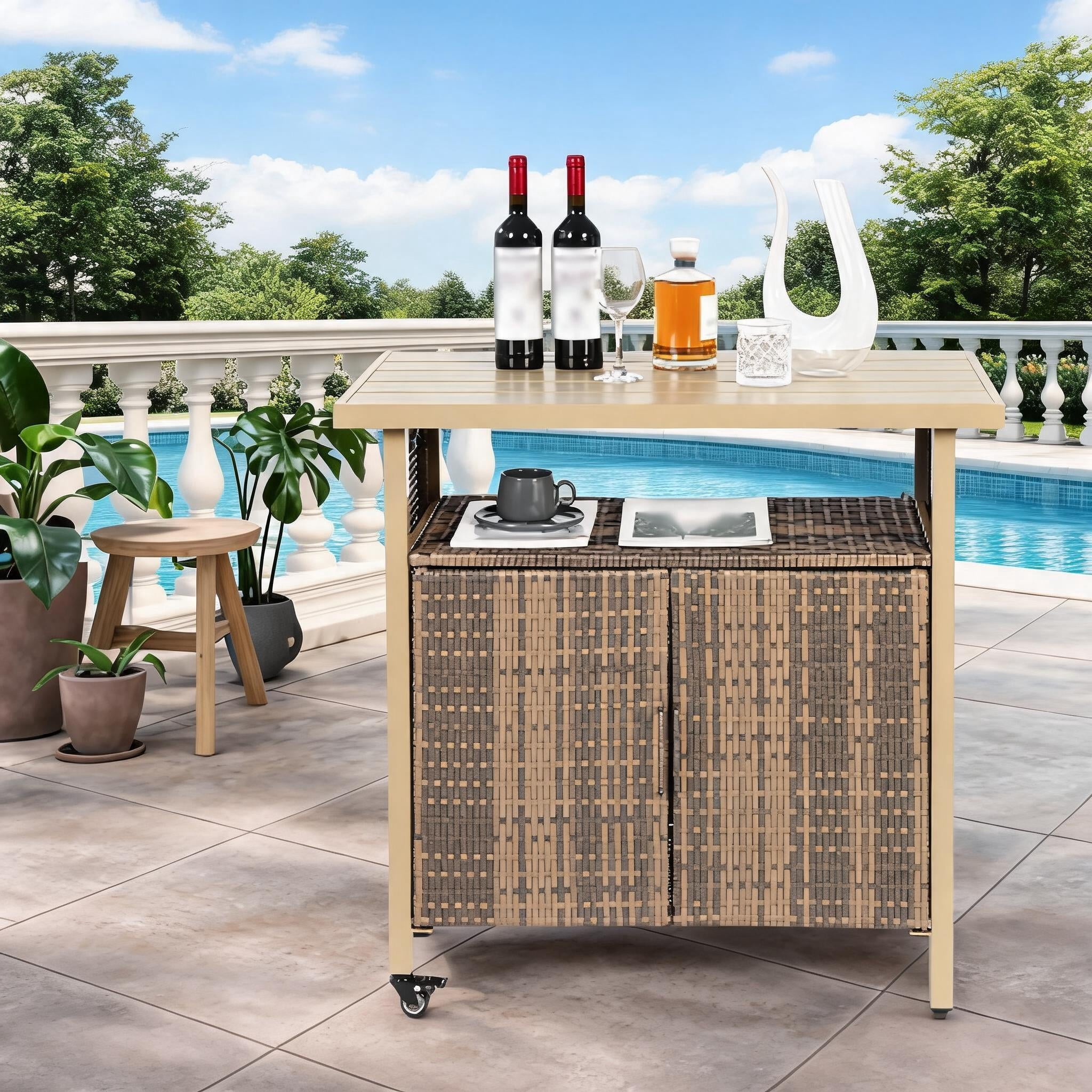 Sailvan Outdoor Wicker Bar Cart, Rolling Rattan Beverage Serving Cart with Wheels for Backyard Garden Poolside Party, Beige