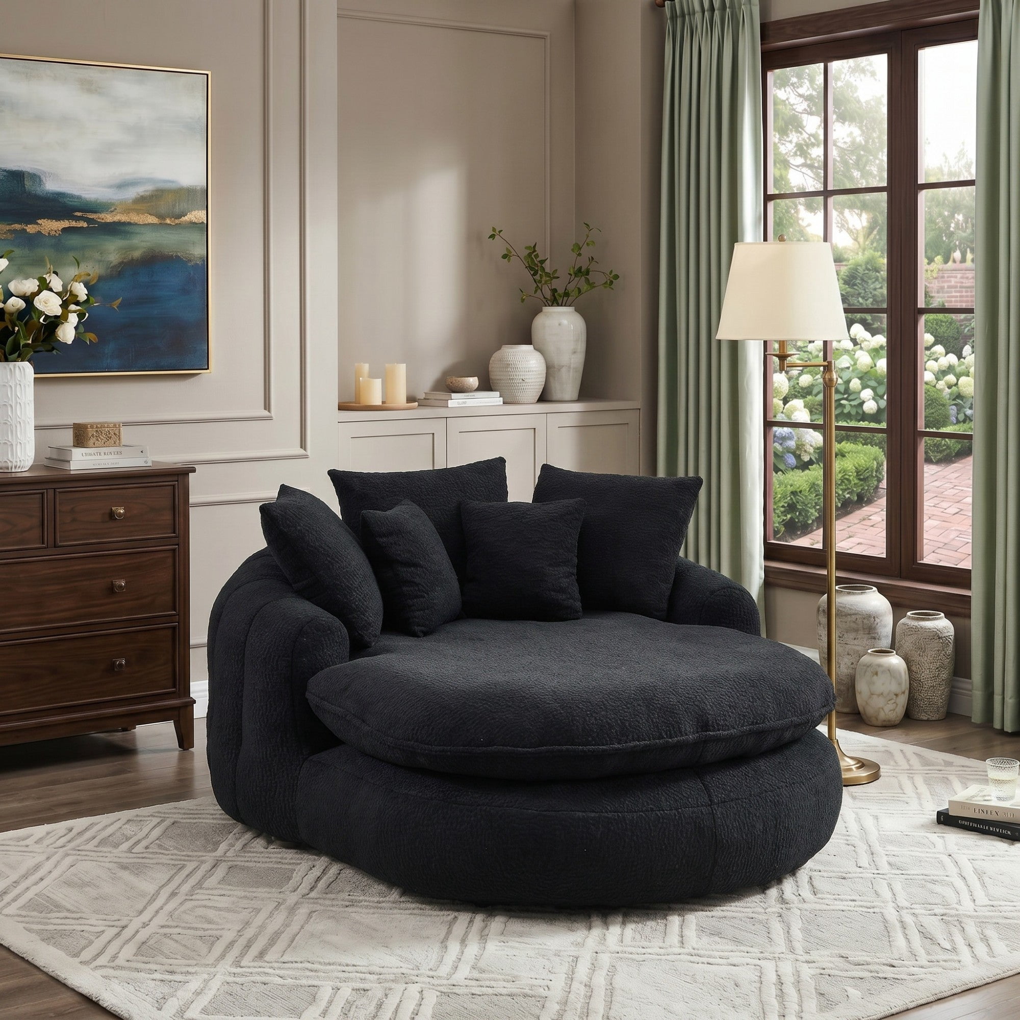Sailvan Oversized Oval Bean Bag Sofa with 5 Pillows,Chenille Fabric Lazy Floor Sofa for Adults,Memory Foam Seating with Wrap Around Backrest Black