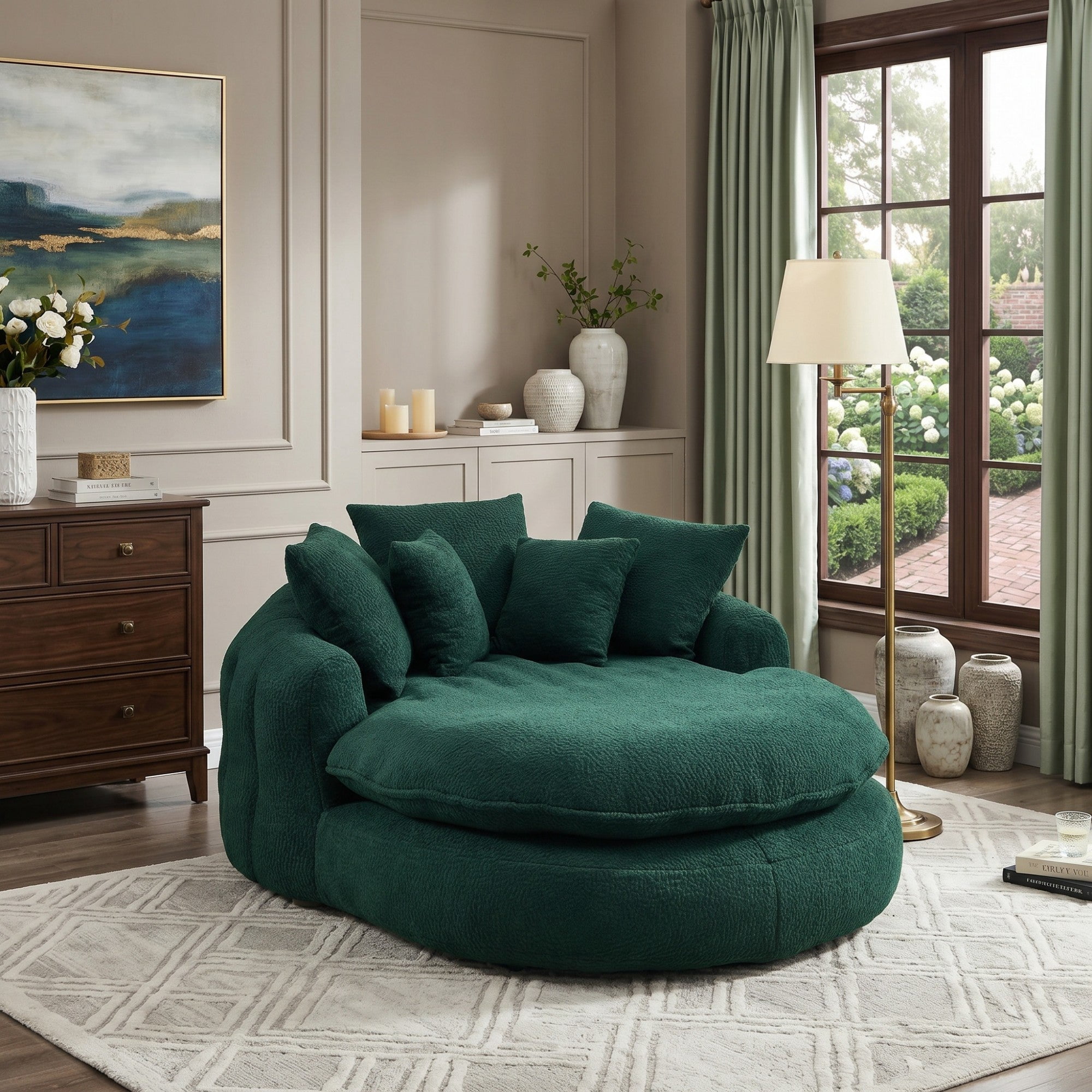 Sailvan Oversized Oval Bean Bag Sofa with 5 Pillows,Chenille Fabric Lazy Floor Sofa for Adults,Memory Foam Seating with Wrap Around Backrest Emerald