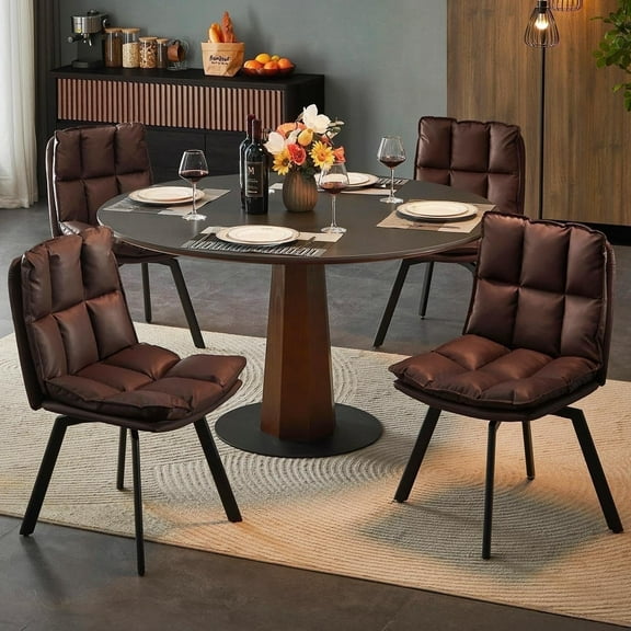 Sailvan Set of 4 Upholstered Dining Chairs, Swivel PU Leather Kitchen Chairs with Backrest and Metal Legs, Double Layer Foam Dinner Table Chair for Living Room, Brown